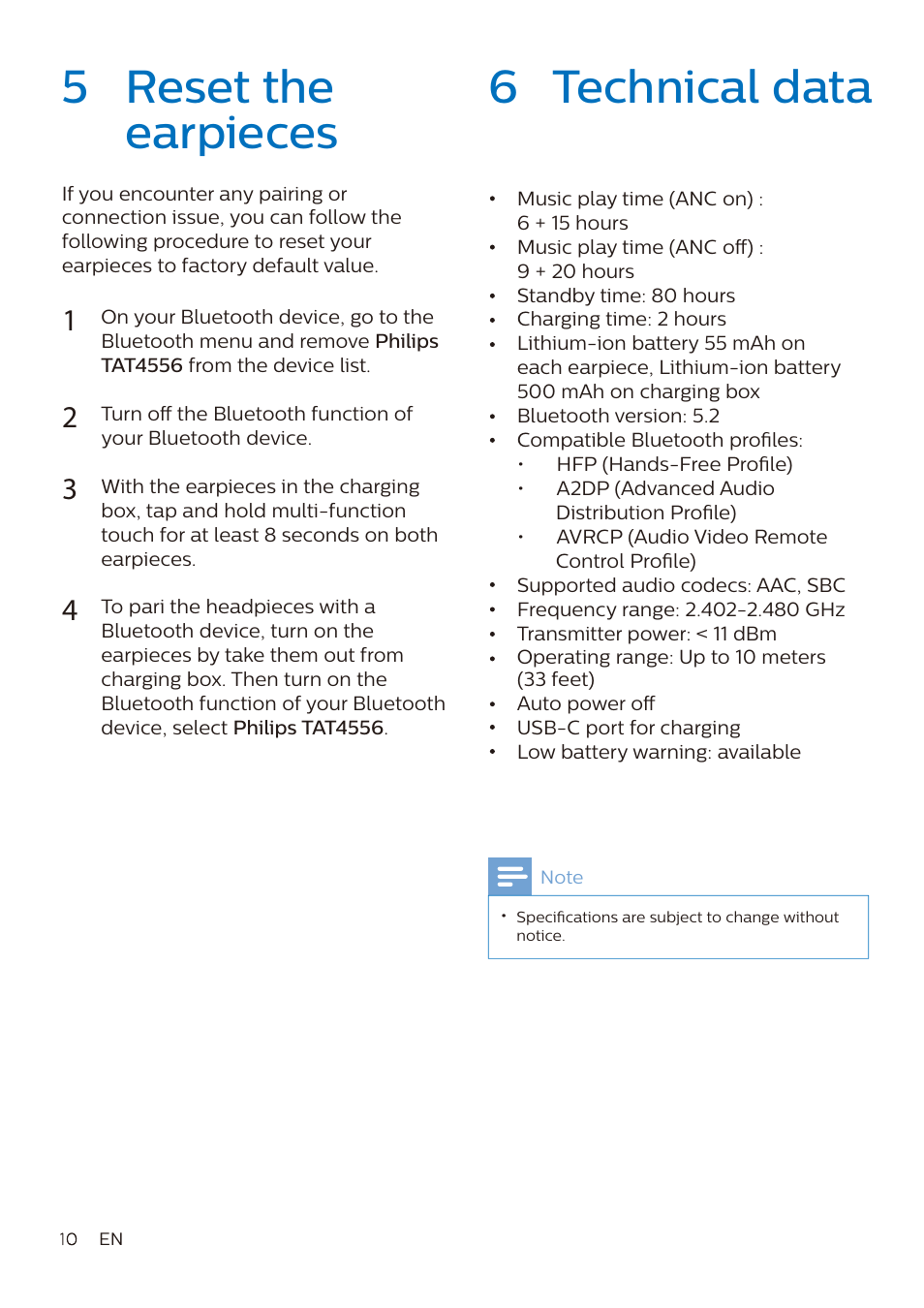 5 reset the earpieces 6 technical data | Philips True Wireless Active Noise-Canceling In-Ear Headphones (Black) User Manual | Page 11 / 17