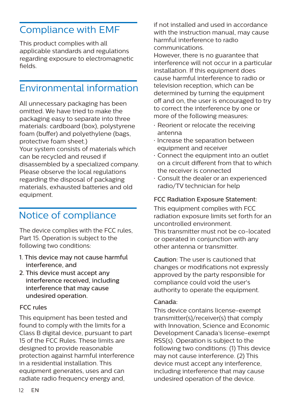 Compliance with emf, Environmental information, Notice of compliance | Philips True Wireless Active Noise-Canceling In-Ear Headphones (Black) User Manual | Page 13 / 17