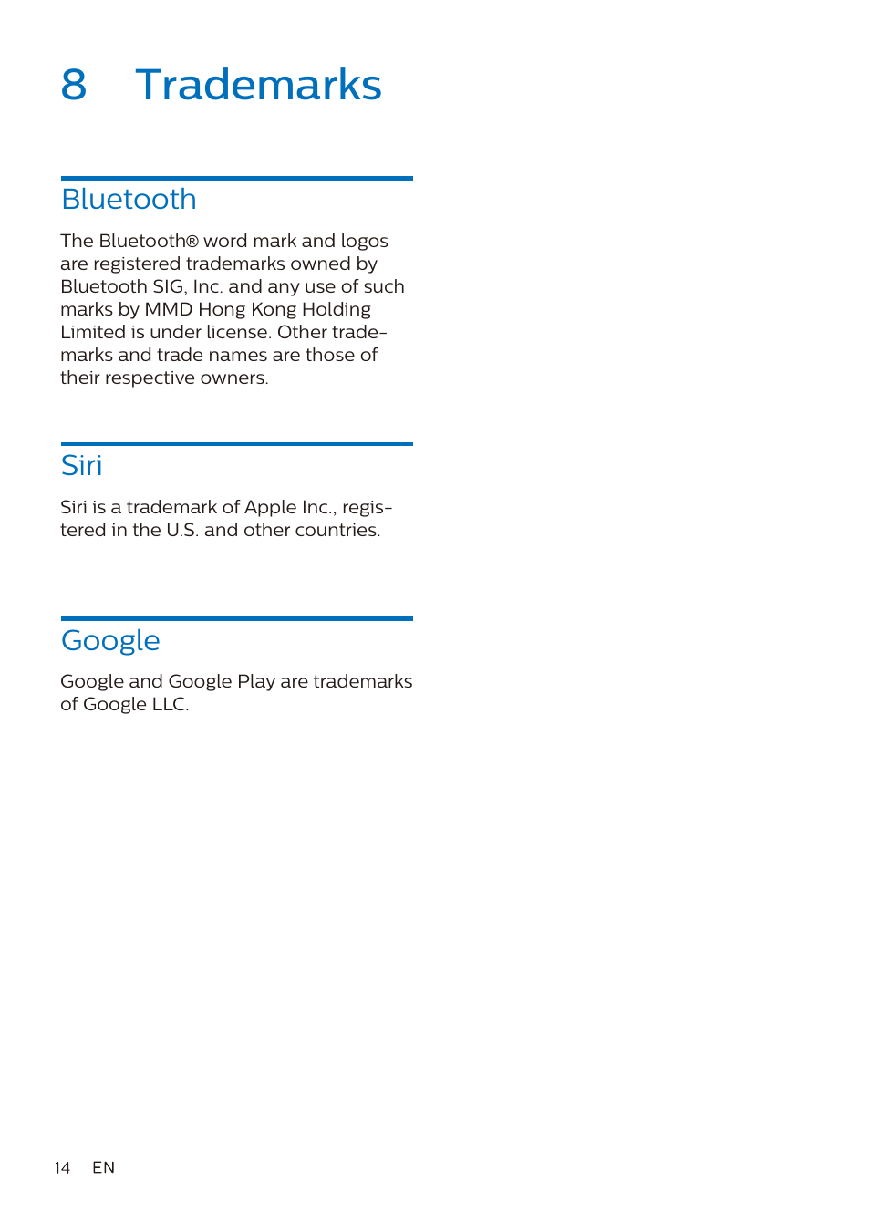 8 trademarks, Bluetooth, Siri | Google | Philips True Wireless Active Noise-Canceling In-Ear Headphones (Black) User Manual | Page 15 / 17