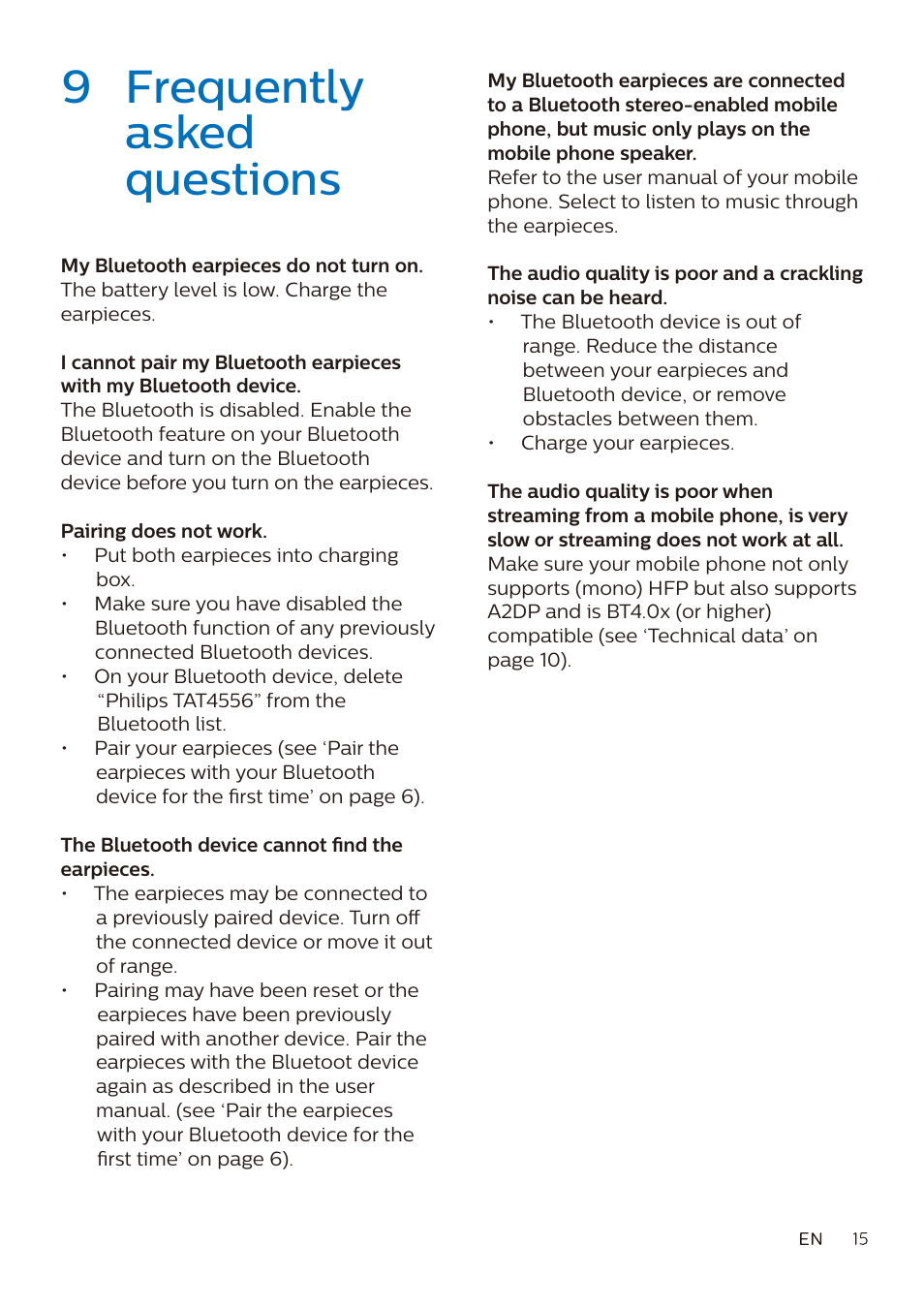 9 frequently asked questions | Philips True Wireless Active Noise-Canceling In-Ear Headphones (Black) User Manual | Page 16 / 17