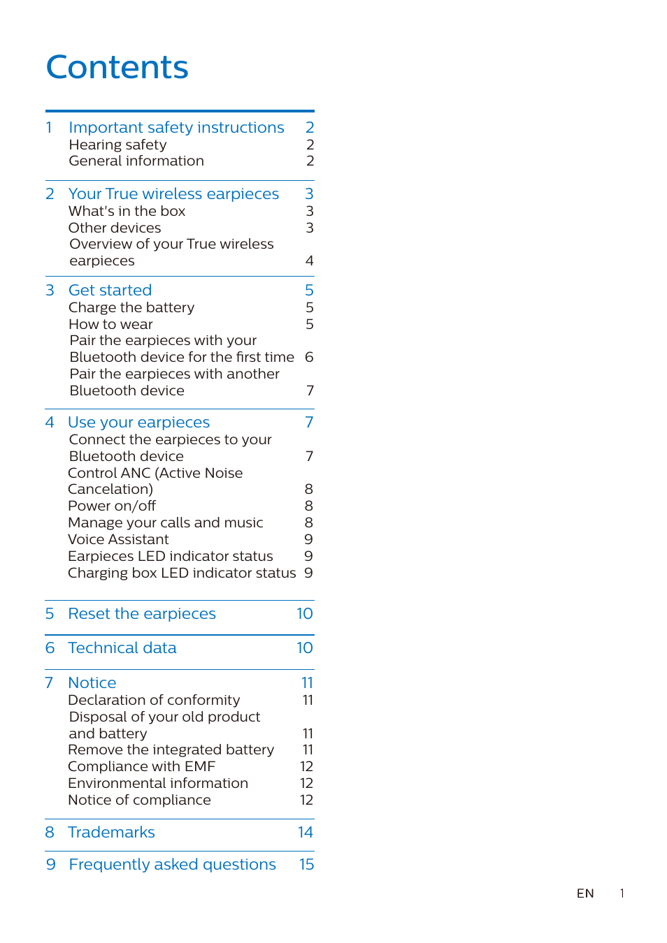 Philips True Wireless Active Noise-Canceling In-Ear Headphones (Black) User Manual | Page 2 / 17