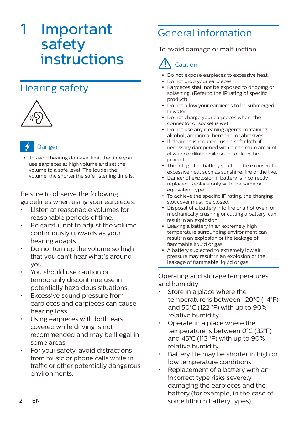 1 important safety instructions, Hearing safety, General information | Philips True Wireless Active Noise-Canceling In-Ear Headphones (Black) User Manual | Page 3 / 17