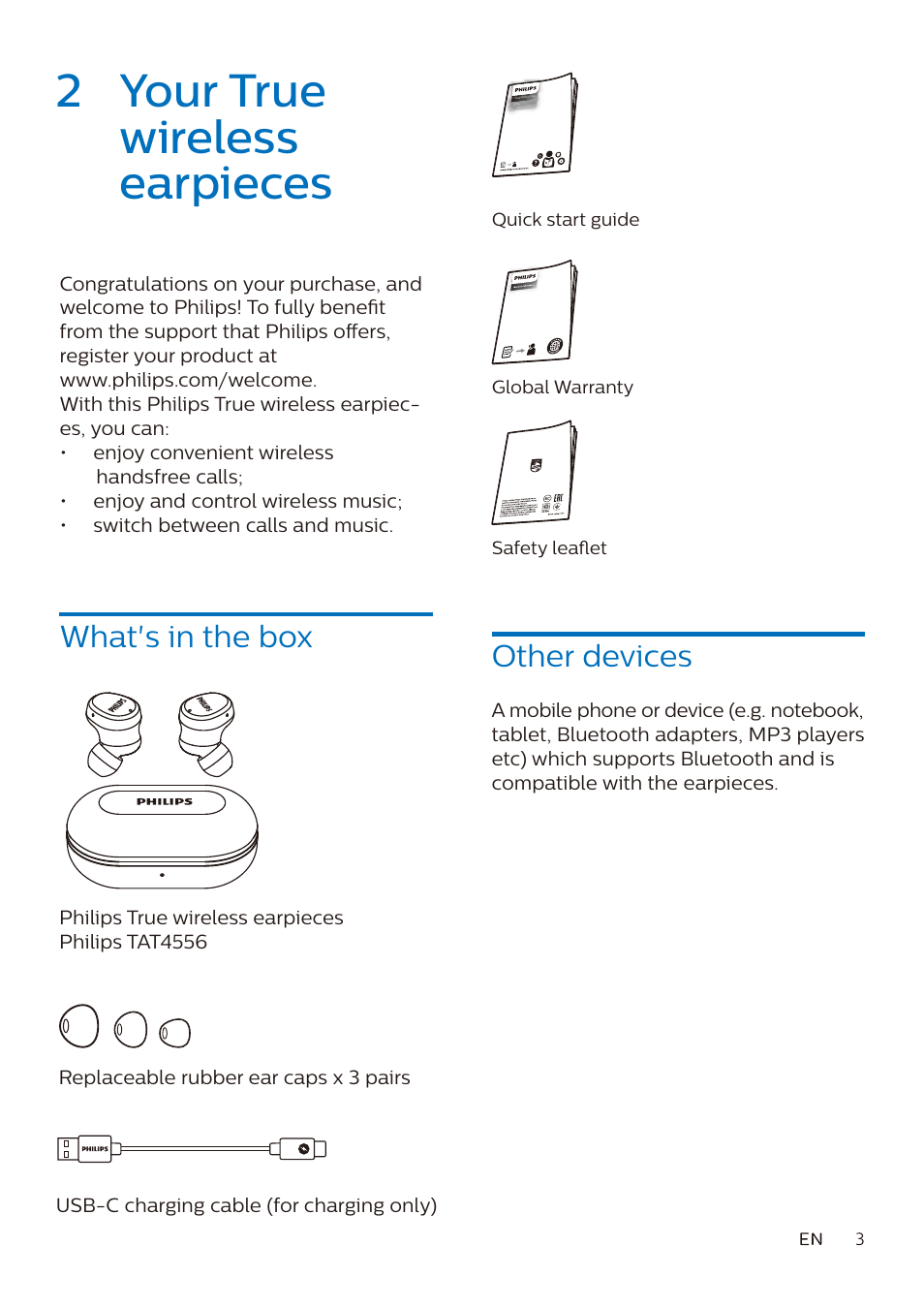 2 your true wireless earpieces, What's in the box, Other devices | Philips True Wireless Active Noise-Canceling In-Ear Headphones (Black) User Manual | Page 4 / 17