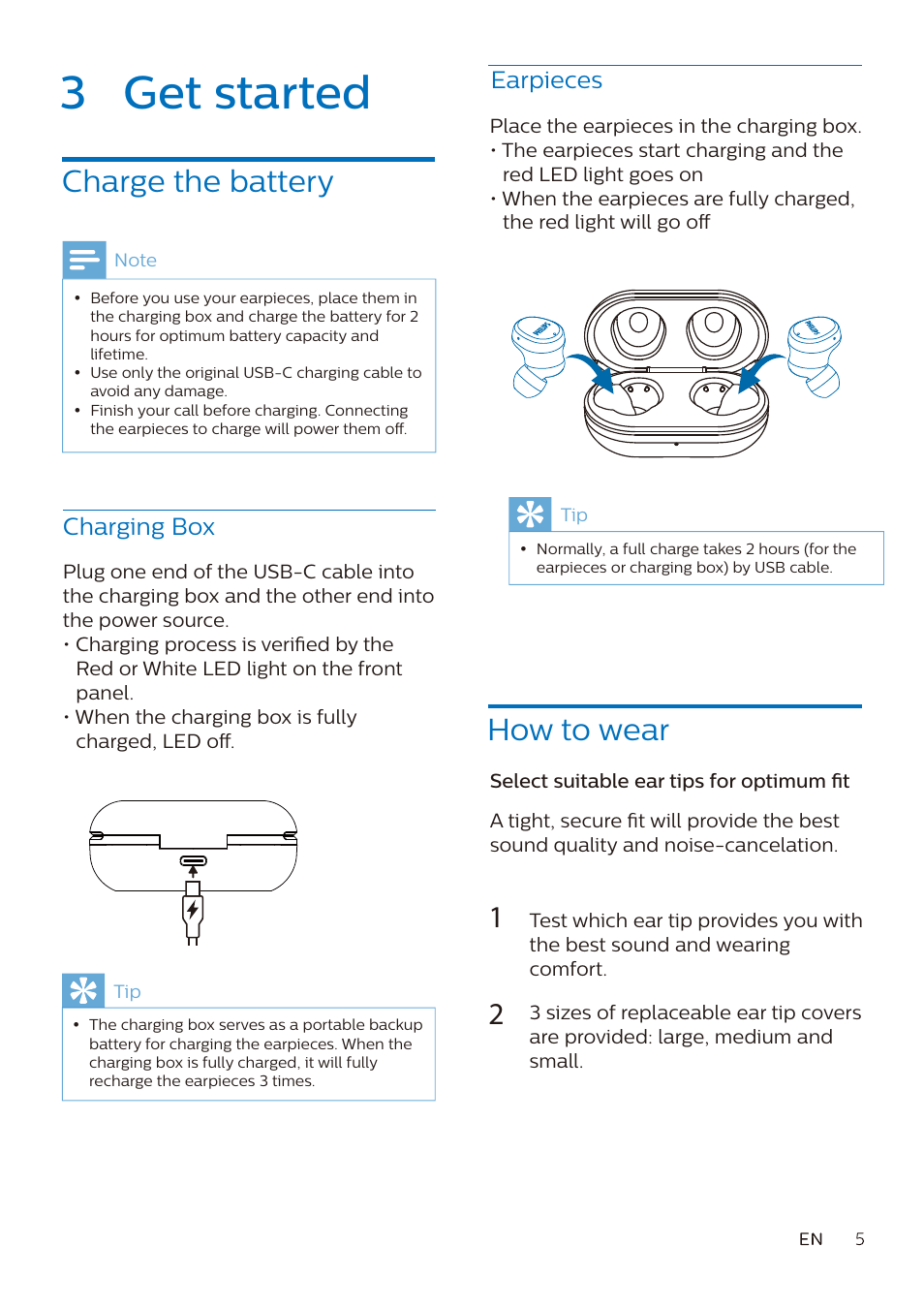 3 get started, Charge the battery, How to wear | Philips True Wireless Active Noise-Canceling In-Ear Headphones (Black) User Manual | Page 6 / 17