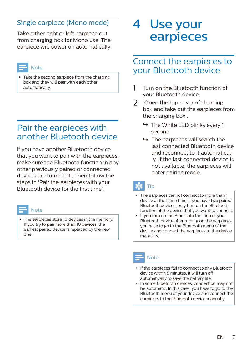 4 use your earpieces | Philips True Wireless Active Noise-Canceling In-Ear Headphones (Black) User Manual | Page 8 / 17