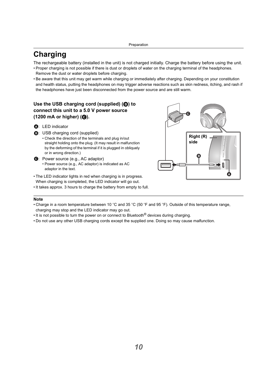 Preparation, Charging, 10, “charging”) | 10 charging | Technics EAH-A800 Noise-Canceling Wireless Over-Ear Headphones (Black) User Manual | Page 10 / 33