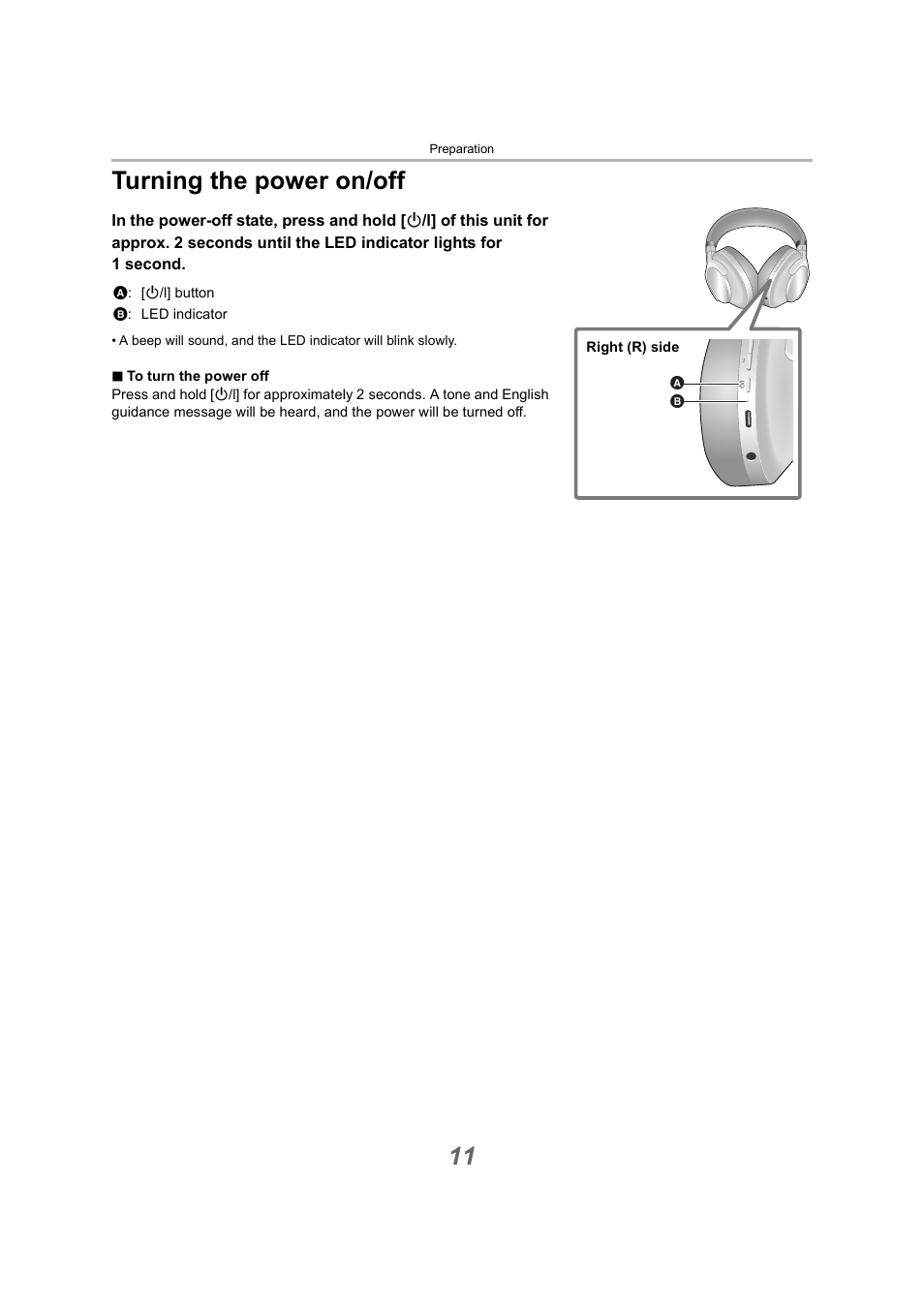 Turning the power on/off, 11 turning the power on/off | Technics EAH-A800 Noise-Canceling Wireless Over-Ear Headphones (Black) User Manual | Page 11 / 33