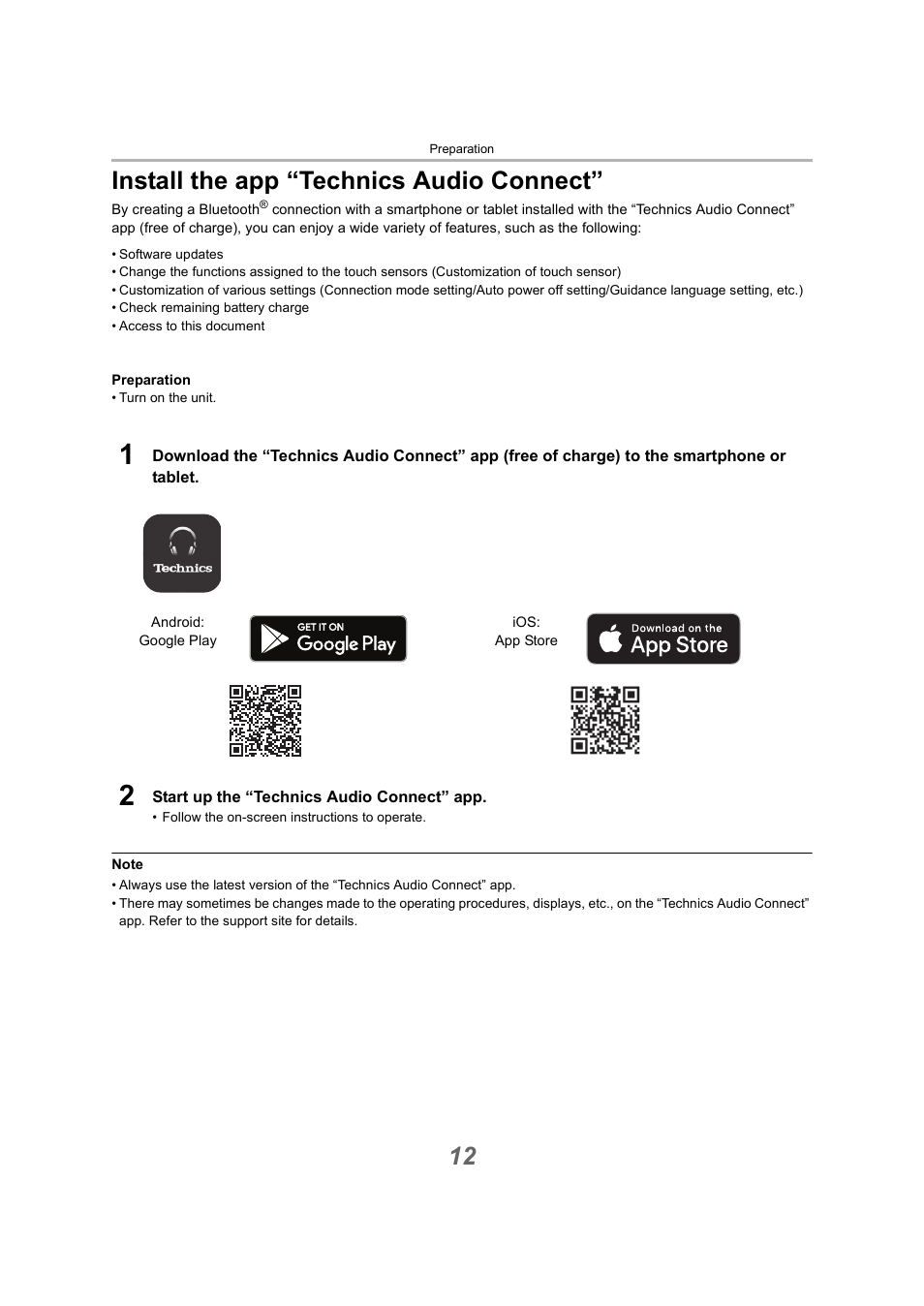 Install the app “technics audio connect, 12 install the app “technics audio connect | Technics EAH-A800 Noise-Canceling Wireless Over-Ear Headphones (Black) User Manual | Page 12 / 33