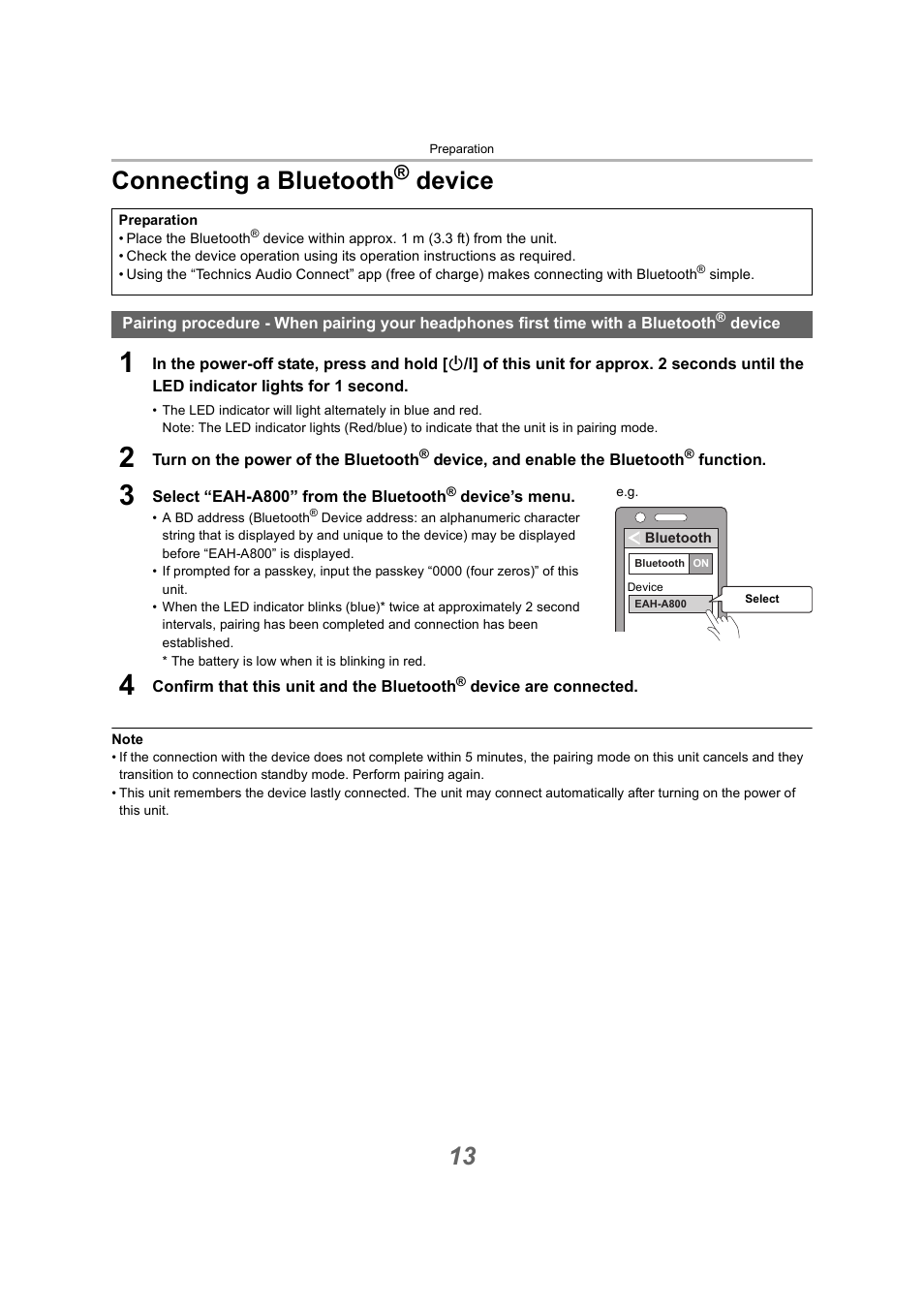 Connecting a bluetooth® device, Connecting a bluetooth, Device | 13 connecting a bluetooth | Technics EAH-A800 Noise-Canceling Wireless Over-Ear Headphones (Black) User Manual | Page 13 / 33