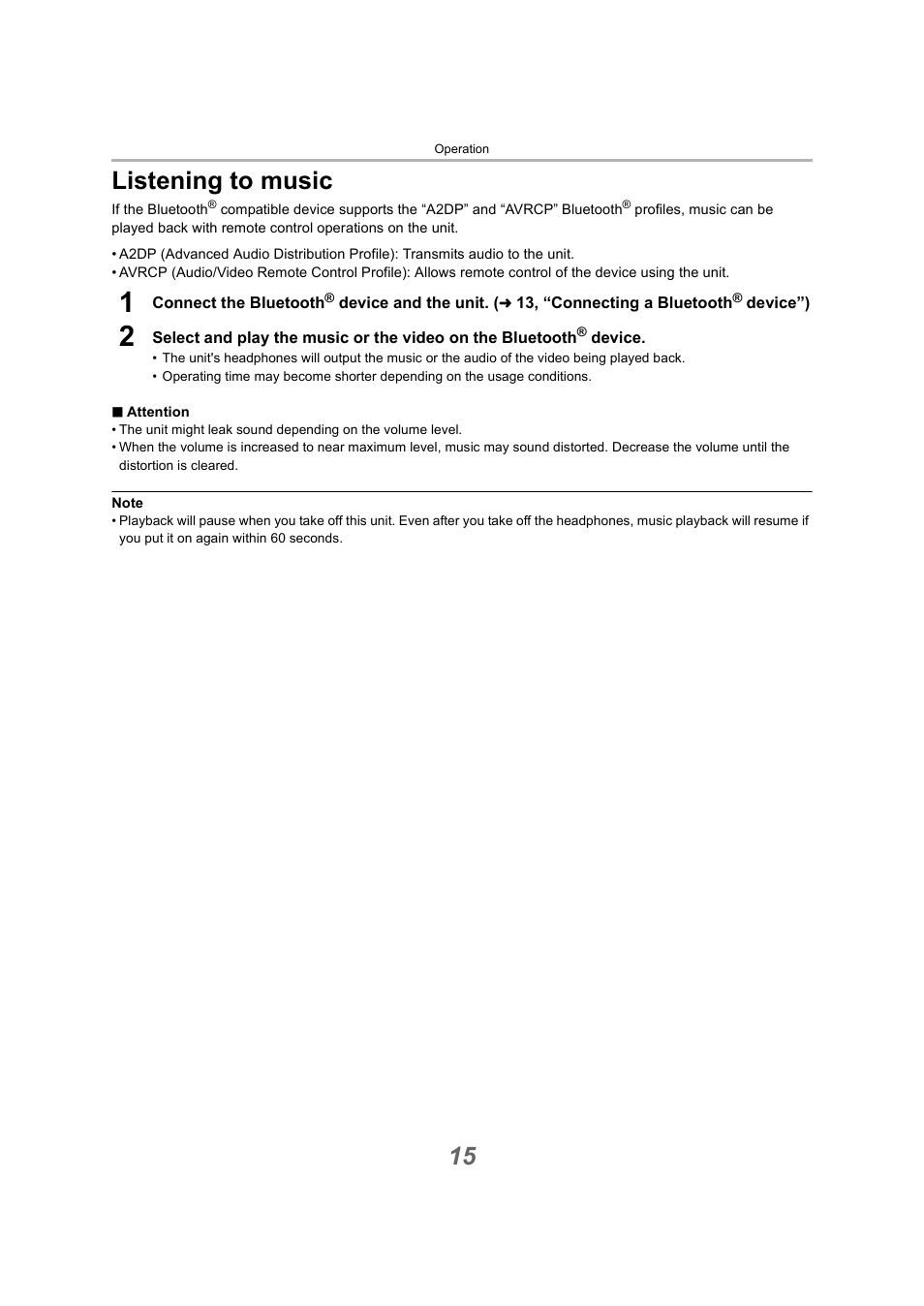 Operation, Listening to music, 15 listening to music | Technics EAH-A800 Noise-Canceling Wireless Over-Ear Headphones (Black) User Manual | Page 15 / 33