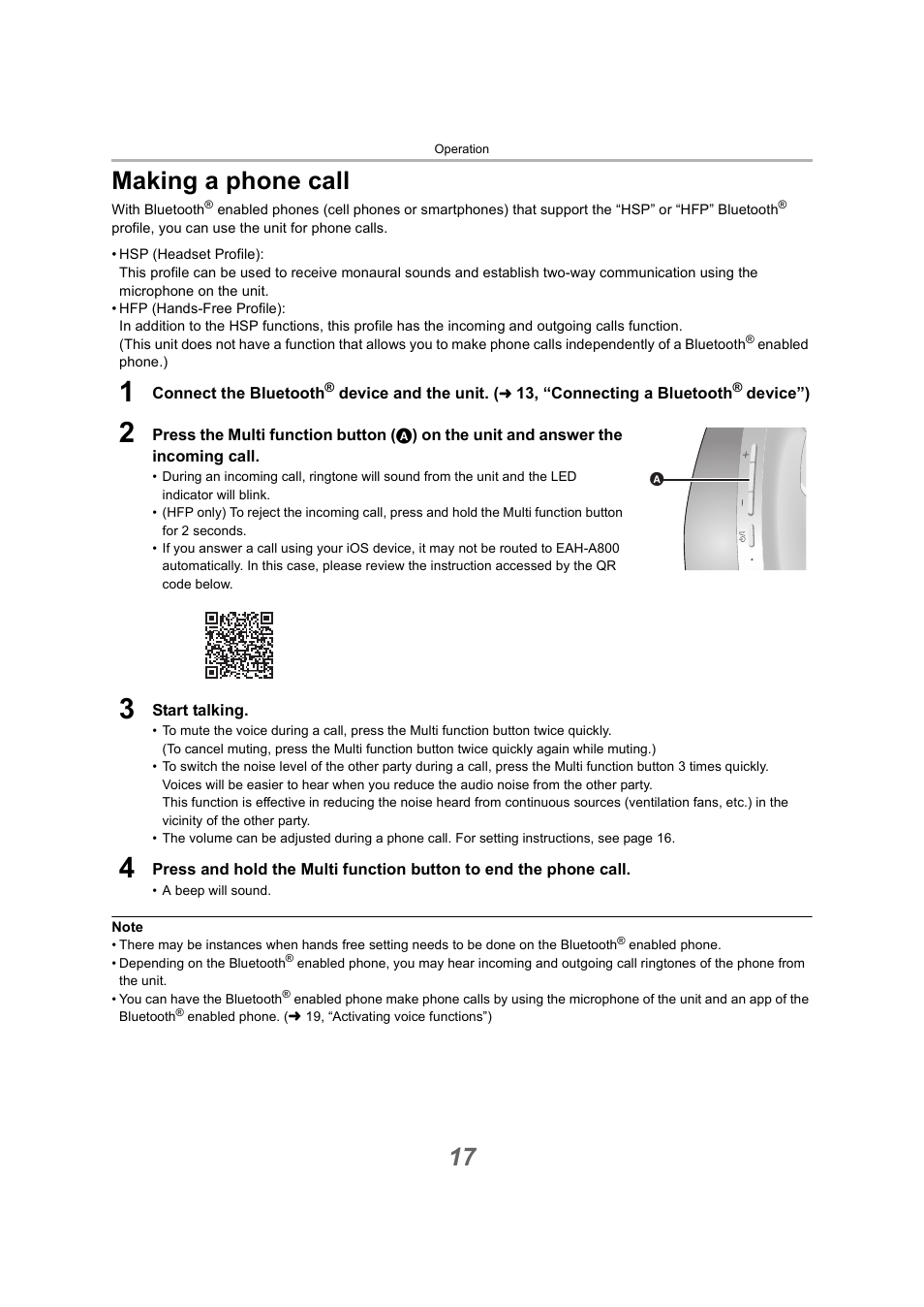 Making a phone call, 17 making a phone call | Technics EAH-A800 Noise-Canceling Wireless Over-Ear Headphones (Black) User Manual | Page 17 / 33