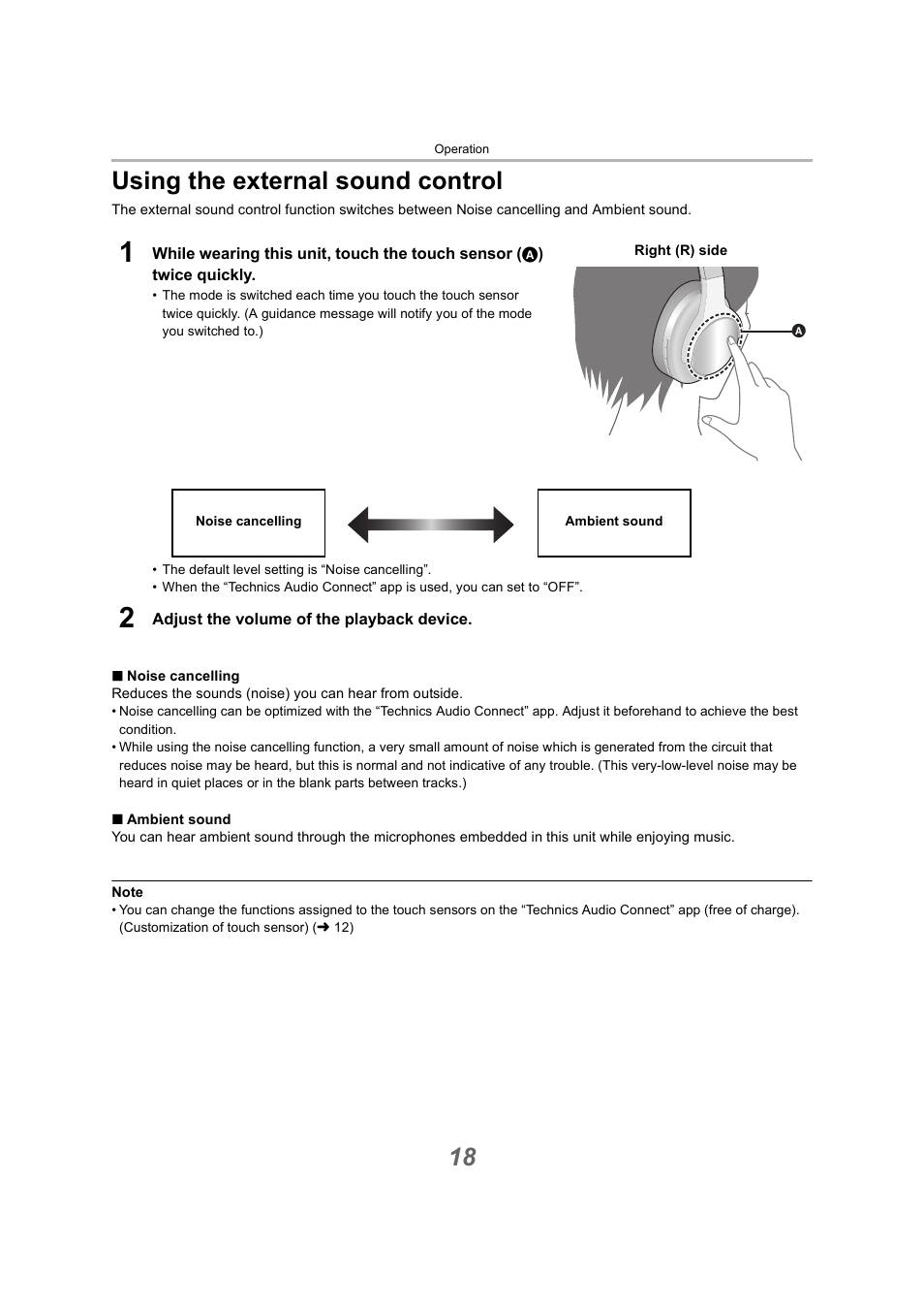 Using the external sound control, 18 using the external sound control | Technics EAH-A800 Noise-Canceling Wireless Over-Ear Headphones (Black) User Manual | Page 18 / 33