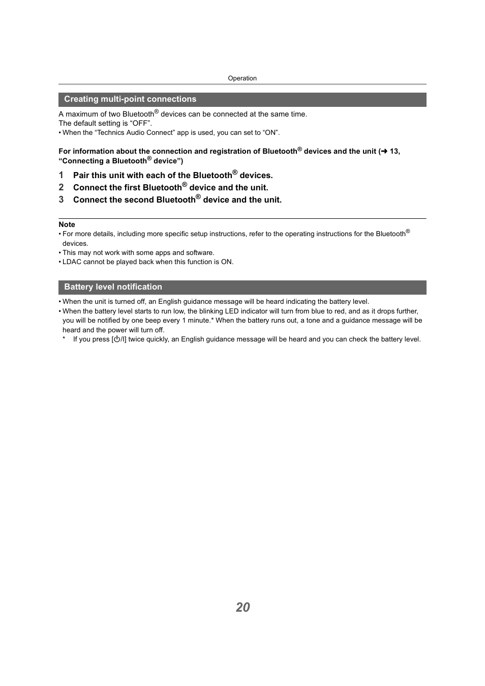 Creating multi-point connections, Battery level notification, 20, “battery level notification”) | Technics EAH-A800 Noise-Canceling Wireless Over-Ear Headphones (Black) User Manual | Page 20 / 33