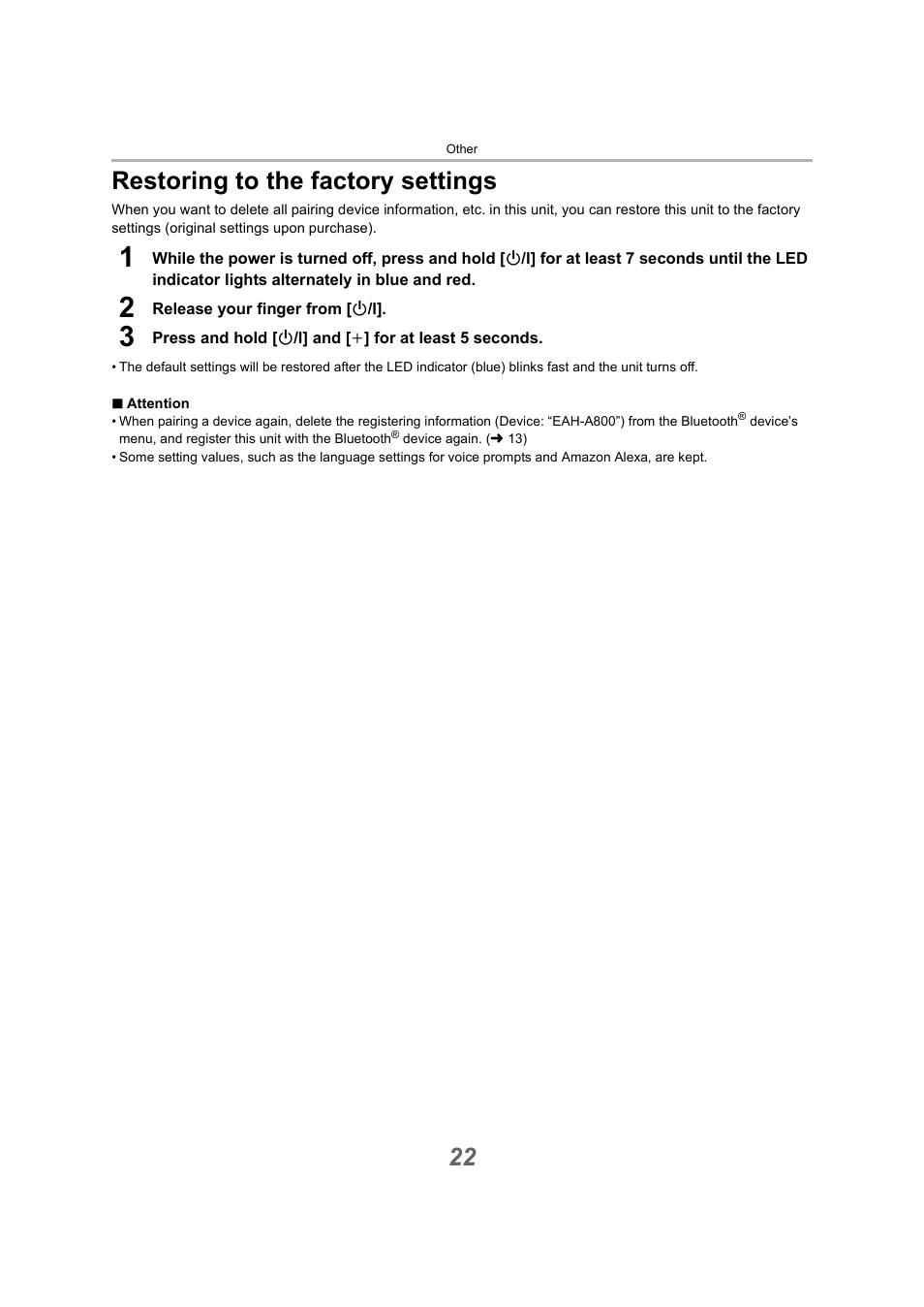 Other, Restoring to the factory settings, 22 restoring to the factory settings | Technics EAH-A800 Noise-Canceling Wireless Over-Ear Headphones (Black) User Manual | Page 22 / 33