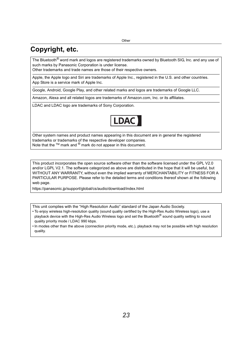 Copyright, etc, 23 copyright, etc | Technics EAH-A800 Noise-Canceling Wireless Over-Ear Headphones (Black) User Manual | Page 23 / 33