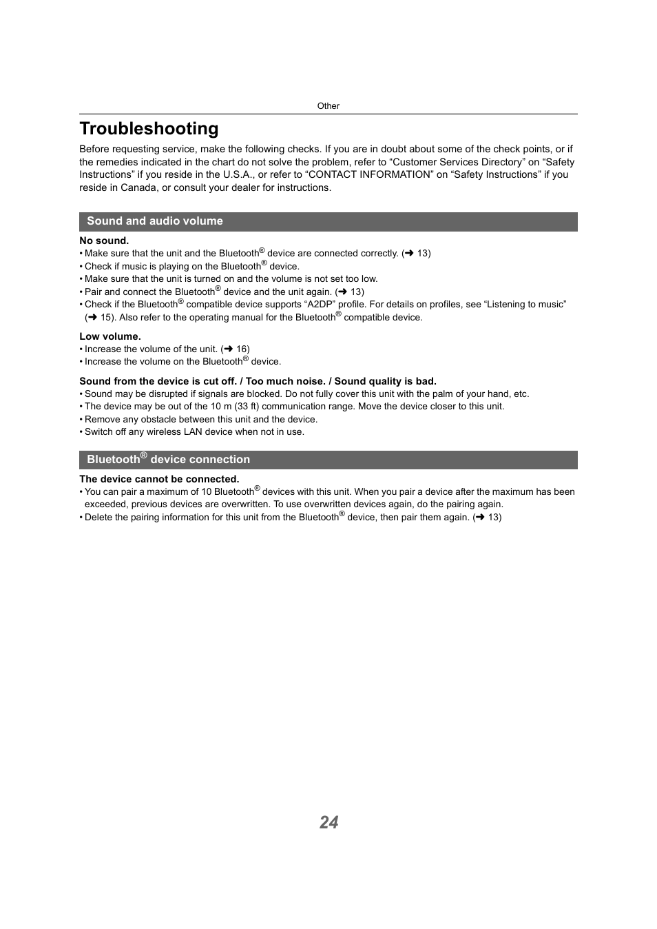 Troubleshooting, Sound and audio volume, Bluetooth® device connection | Sound and audio volume • bluetooth, Device connection, 24 troubleshooting | Technics EAH-A800 Noise-Canceling Wireless Over-Ear Headphones (Black) User Manual | Page 24 / 33