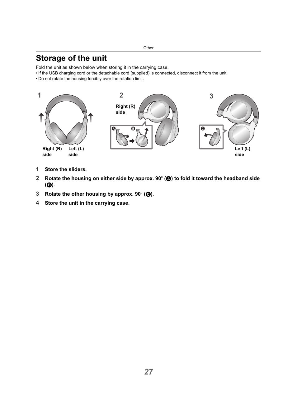 Storage of the unit, 27 storage of the unit | Technics EAH-A800 Noise-Canceling Wireless Over-Ear Headphones (Black) User Manual | Page 27 / 33