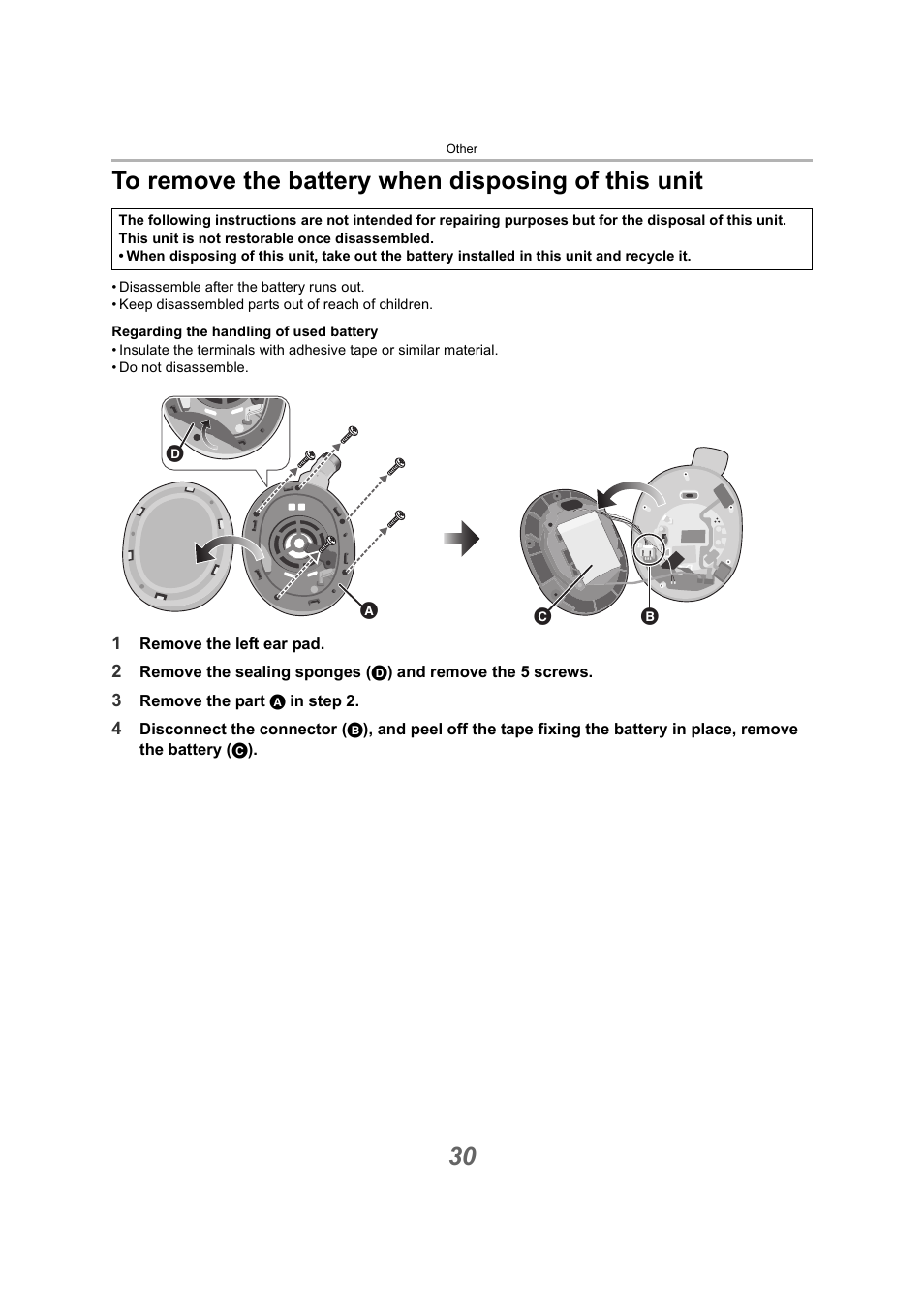 To remove the battery when disposing of this unit | Technics EAH-A800 Noise-Canceling Wireless Over-Ear Headphones (Black) User Manual | Page 30 / 33