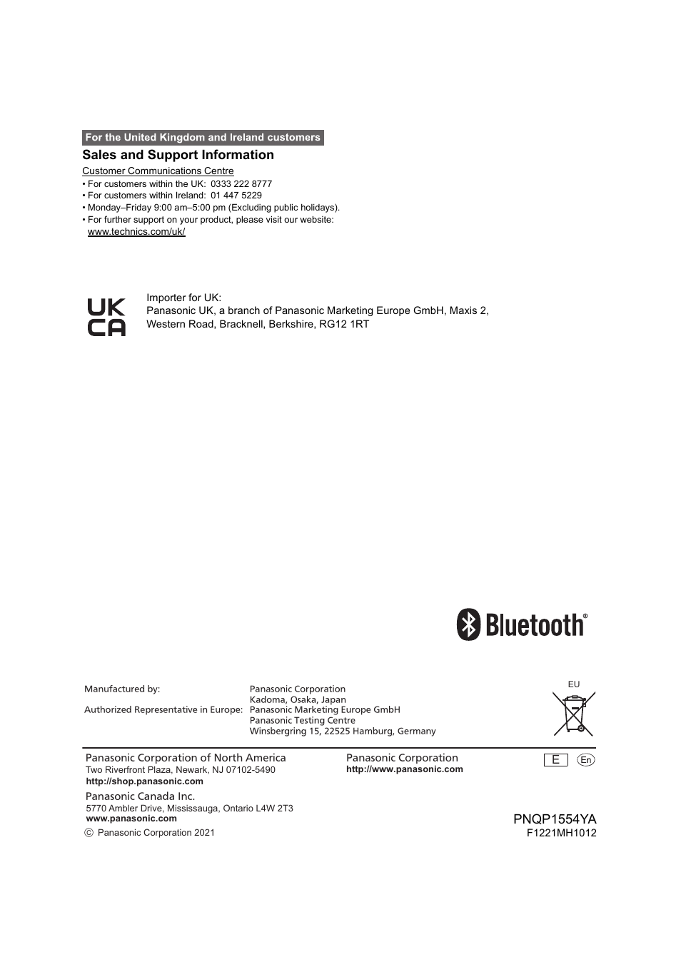 Sales and support information, Pnqp1554ya | Technics EAH-A800 Noise-Canceling Wireless Over-Ear Headphones (Black) User Manual | Page 33 / 33