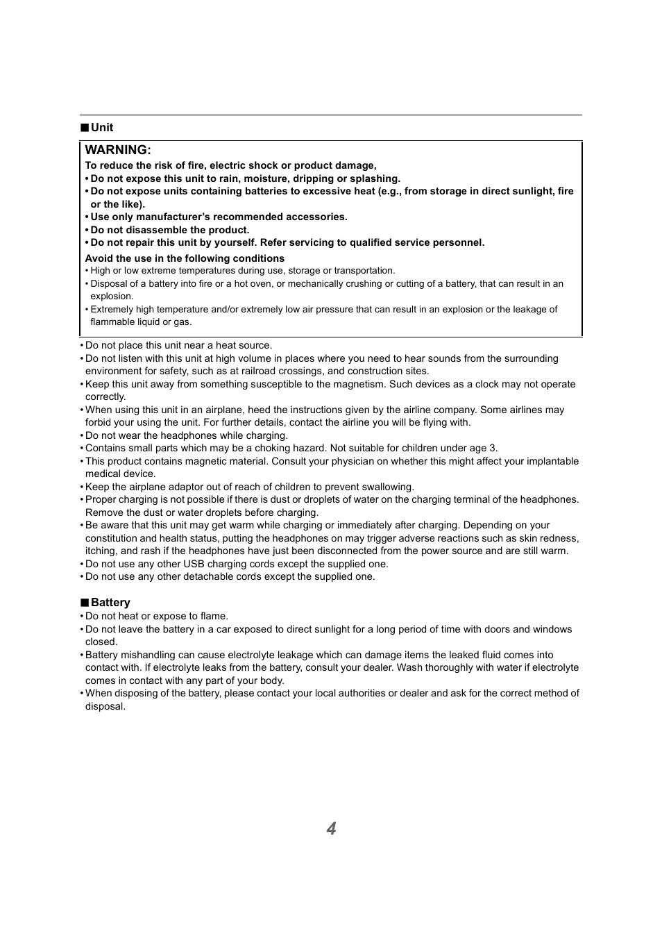 Warning | Technics EAH-A800 Noise-Canceling Wireless Over-Ear Headphones (Black) User Manual | Page 4 / 33