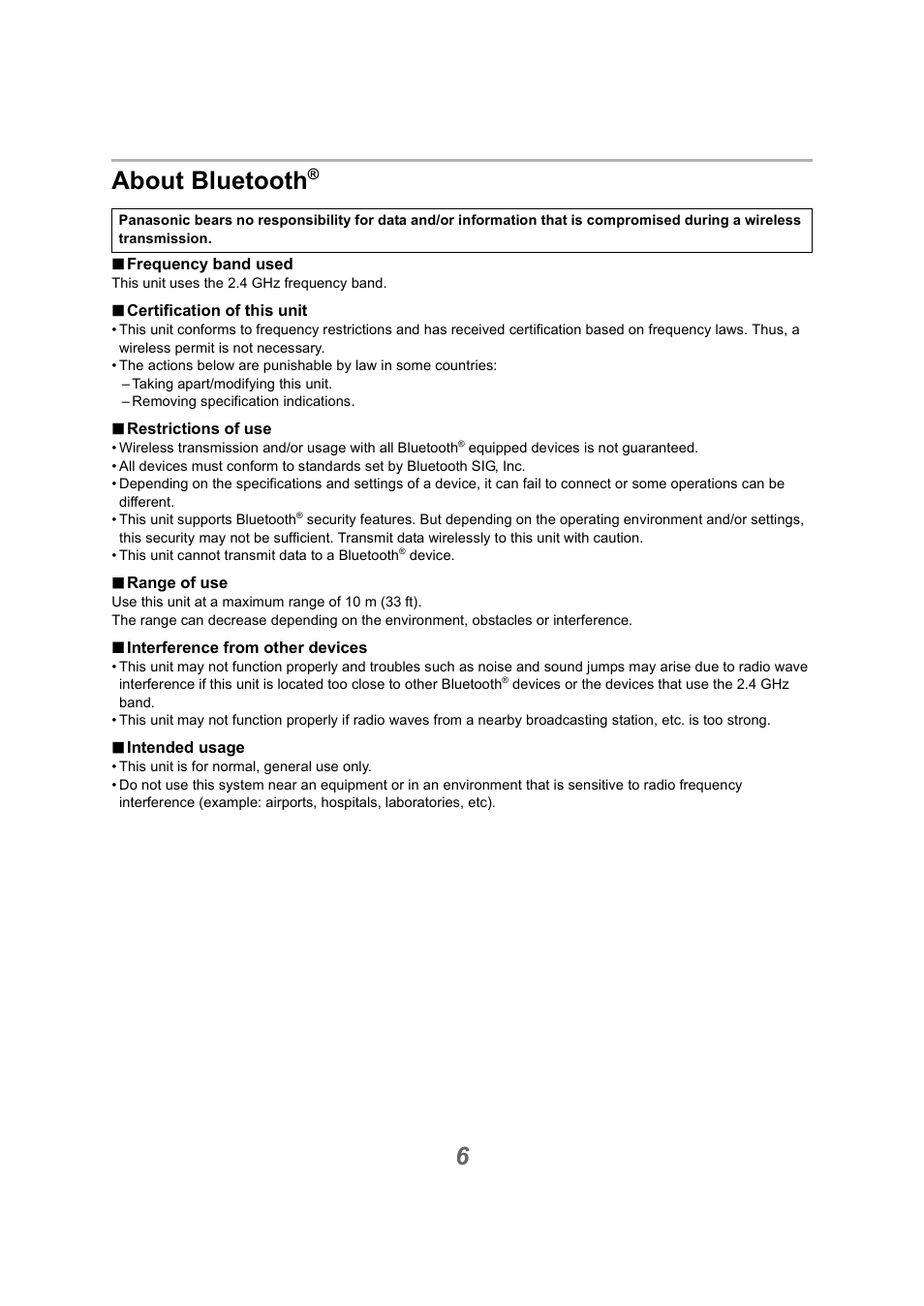 About bluetooth, 6about bluetooth | Technics EAH-A800 Noise-Canceling Wireless Over-Ear Headphones (Black) User Manual | Page 6 / 33