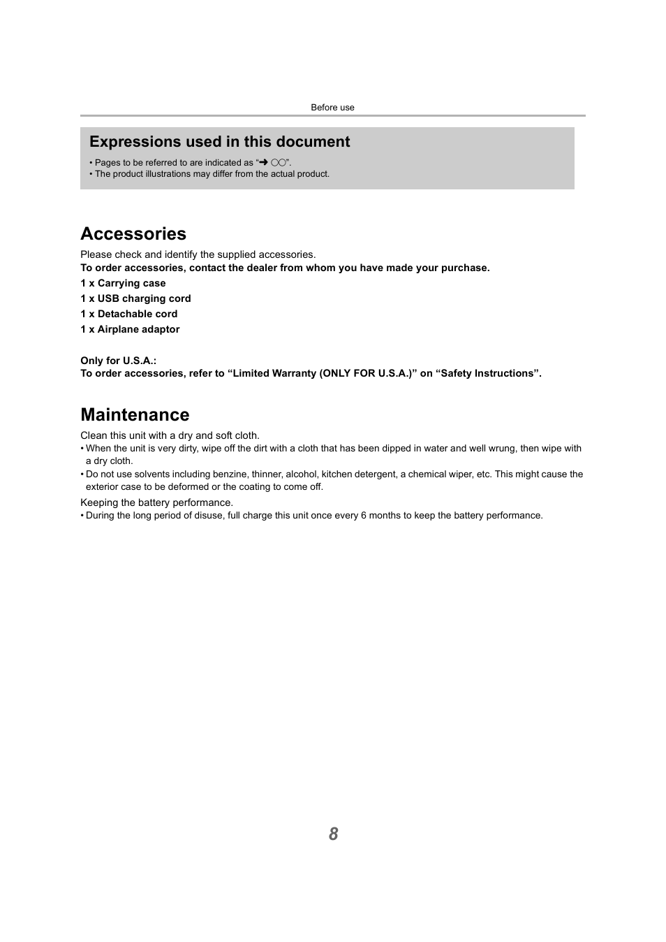 Before use, Accessories, Maintenance | Accessories maintenance, 8accessories, Expressions used in this document | Technics EAH-A800 Noise-Canceling Wireless Over-Ear Headphones (Black) User Manual | Page 8 / 33