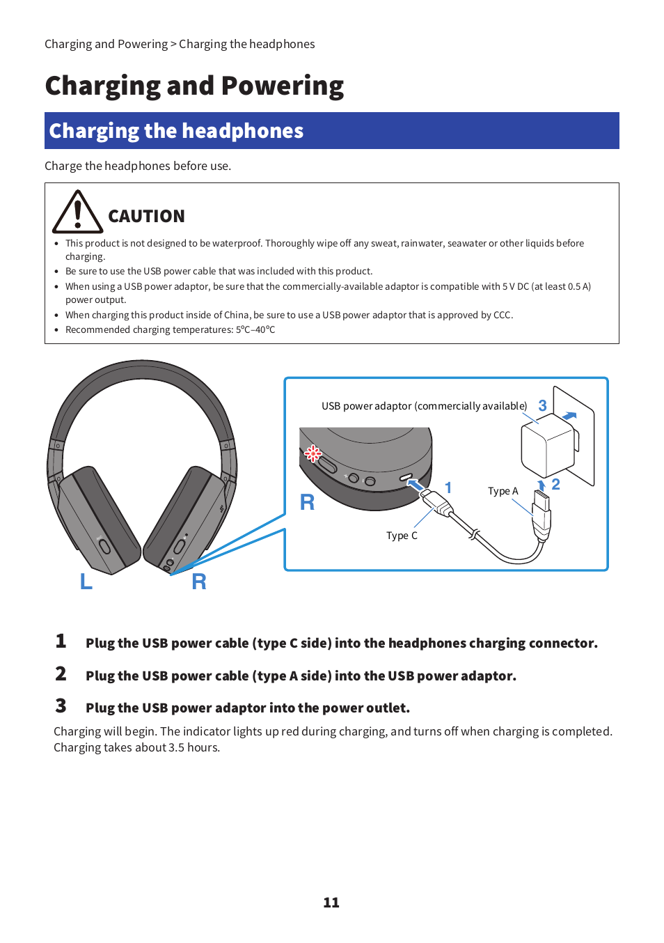 Charging and powering, Charging the headphones, Caution | Yamaha YH-E700B Wireless Noise-Cancelling Over-Ear Bluetooth Headphones (Black) User Manual | Page 11 / 55