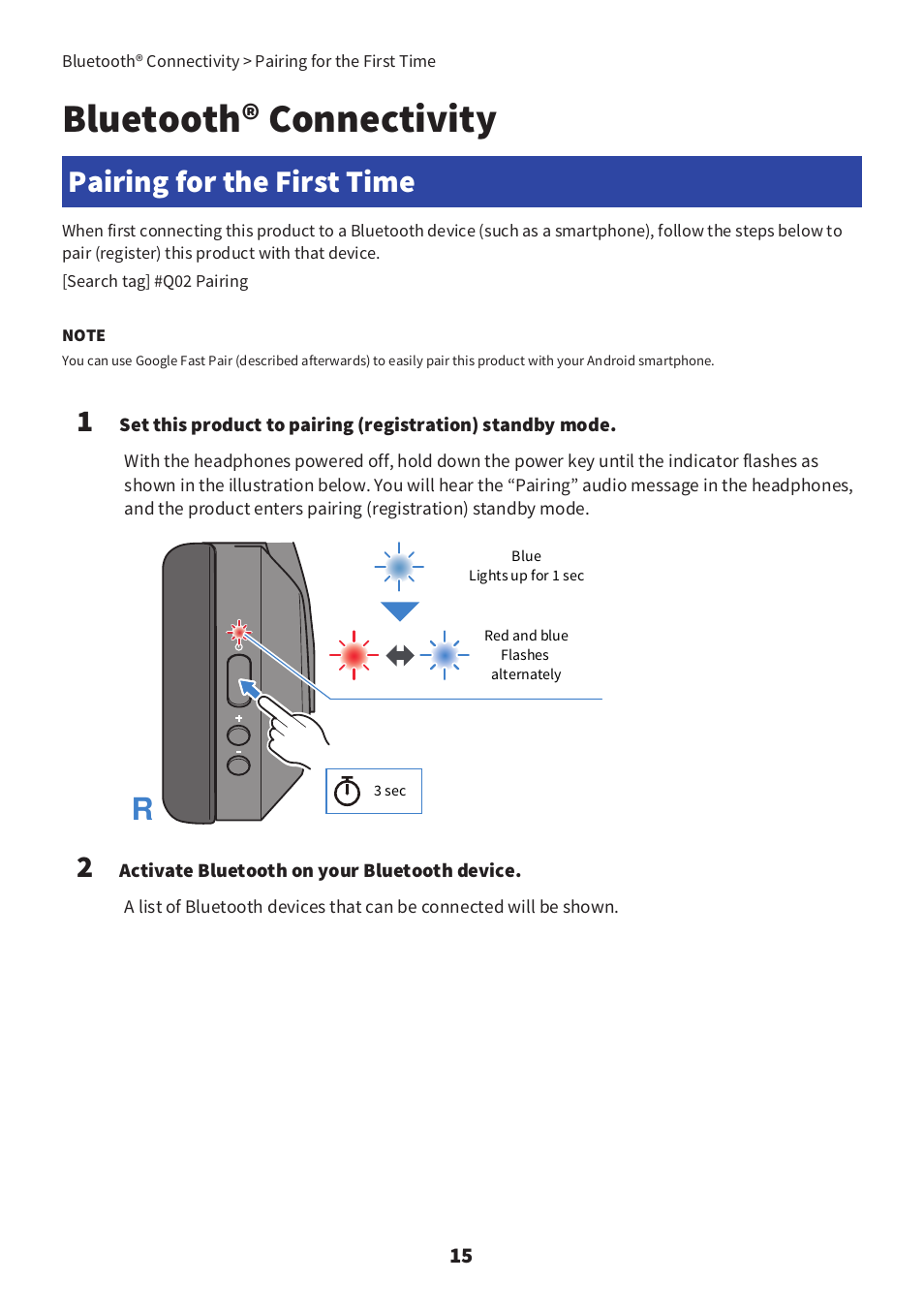 Bluetooth® connectivity, Pairing for the first time, Pairing for the first time” (p.15) | Yamaha YH-E700B Wireless Noise-Cancelling Over-Ear Bluetooth Headphones (Black) User Manual | Page 15 / 55