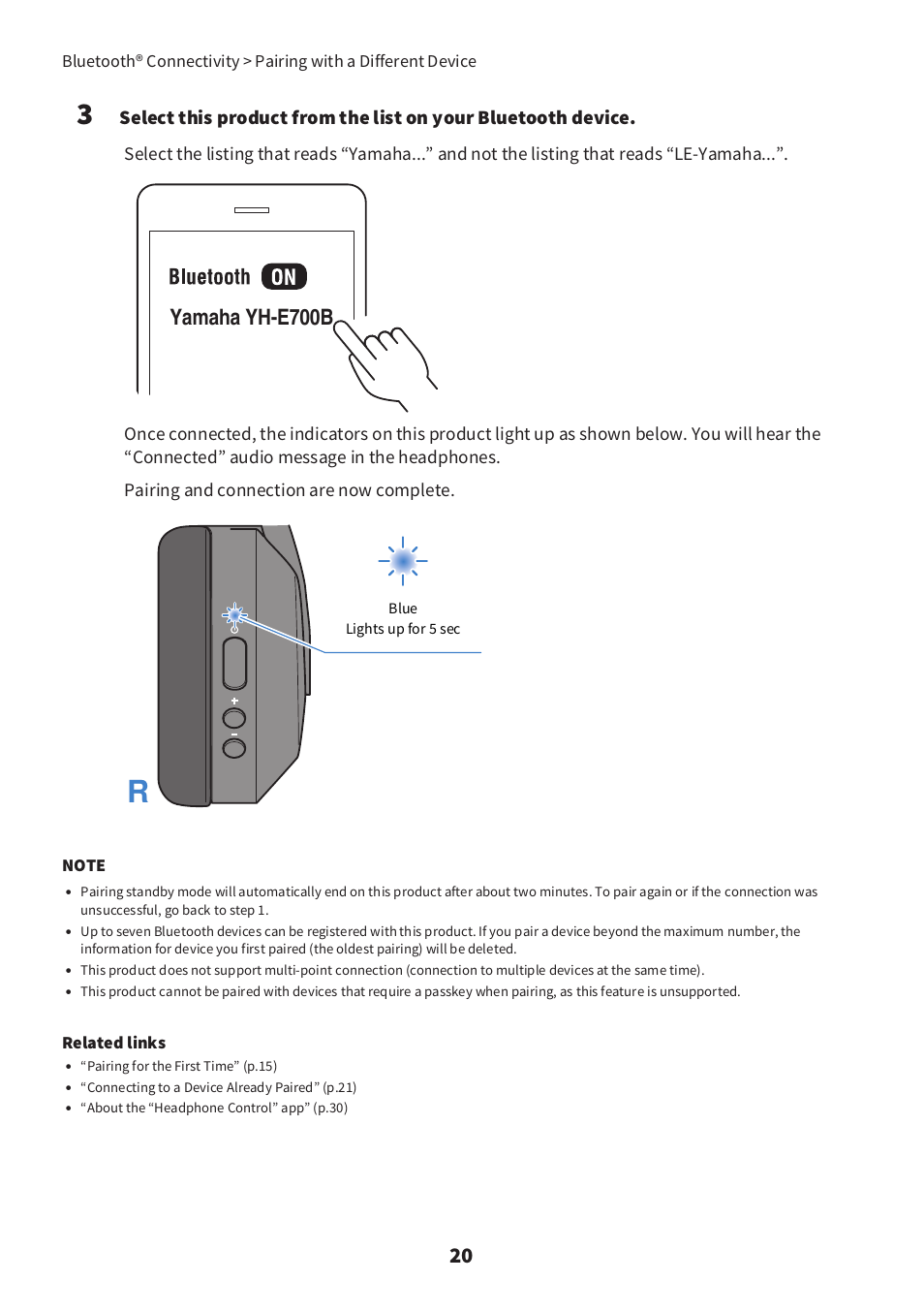 Yamaha yh-e700b | Yamaha YH-E700B Wireless Noise-Cancelling Over-Ear Bluetooth Headphones (Black) User Manual | Page 20 / 55