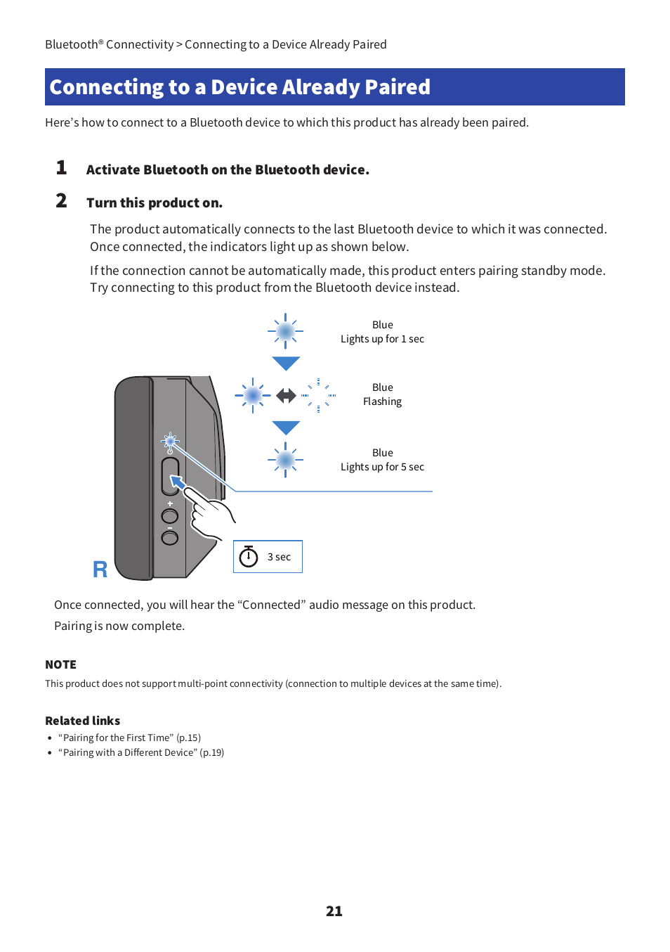 Connecting to a device already paired | Yamaha YH-E700B Wireless Noise-Cancelling Over-Ear Bluetooth Headphones (Black) User Manual | Page 21 / 55