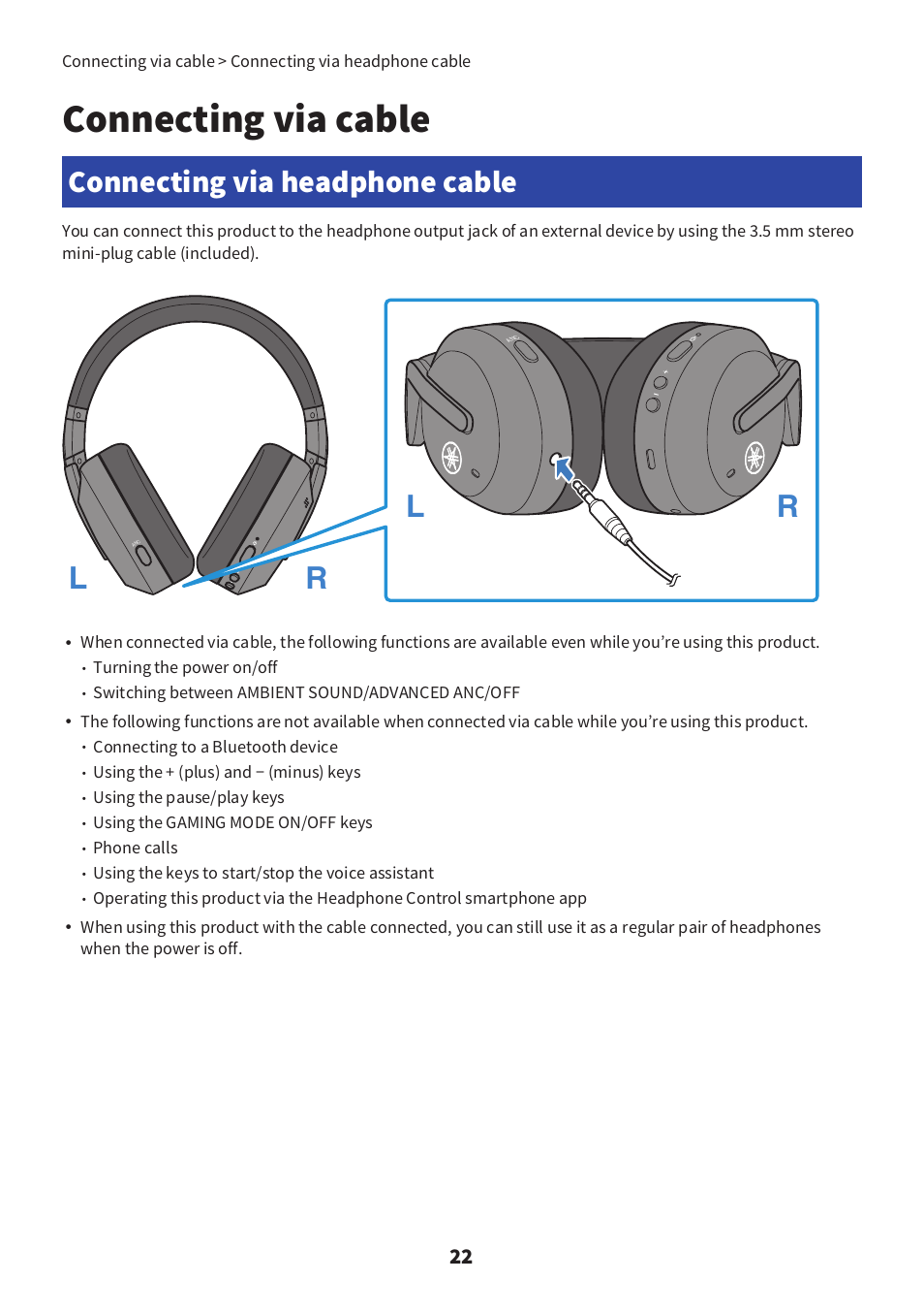 Connecting via cable, Connecting via headphone cable, Rl r l | Yamaha YH-E700B Wireless Noise-Cancelling Over-Ear Bluetooth Headphones (Black) User Manual | Page 22 / 55