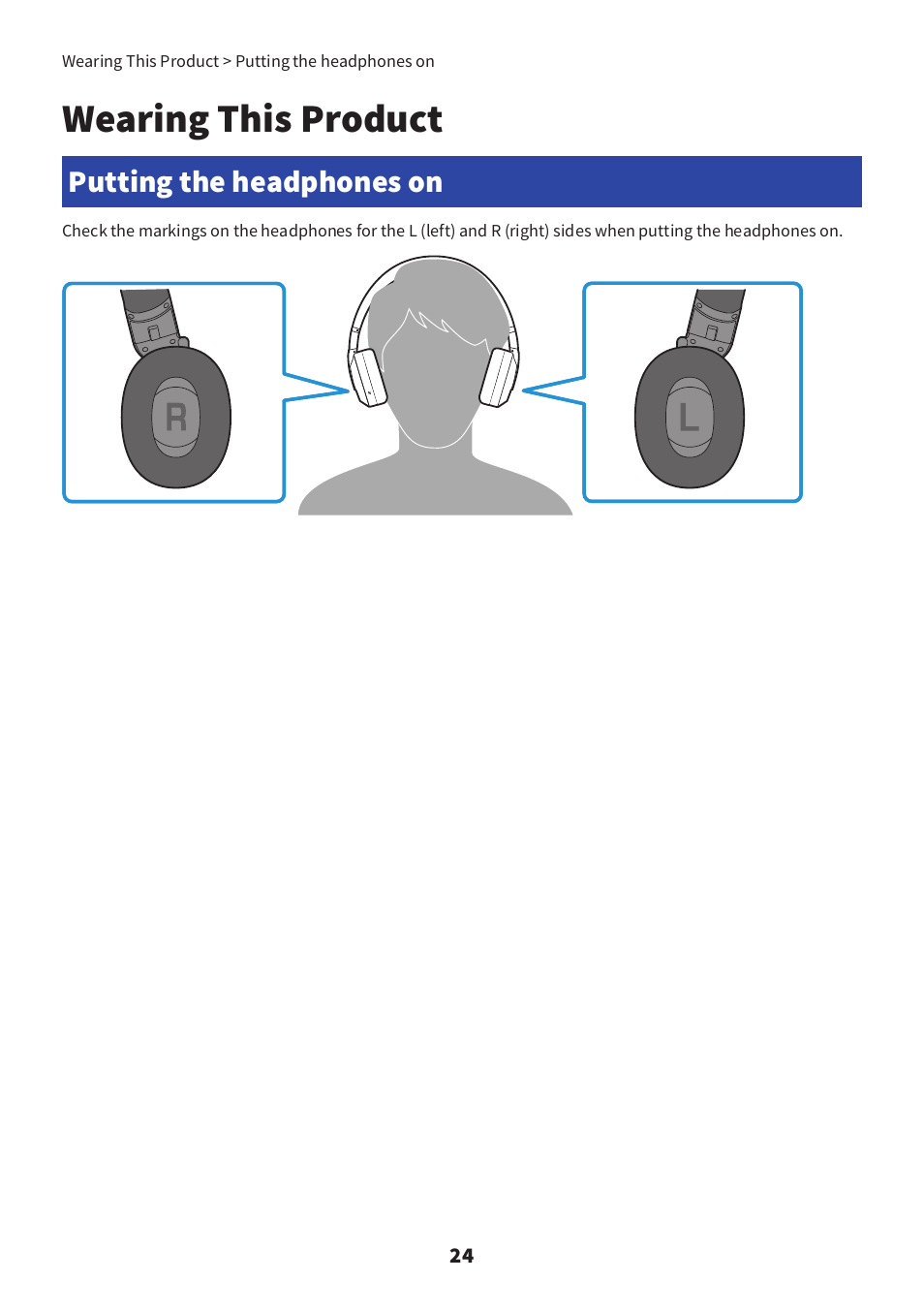 Wearing this product, Putting the headphones on | Yamaha YH-E700B Wireless Noise-Cancelling Over-Ear Bluetooth Headphones (Black) User Manual | Page 24 / 55