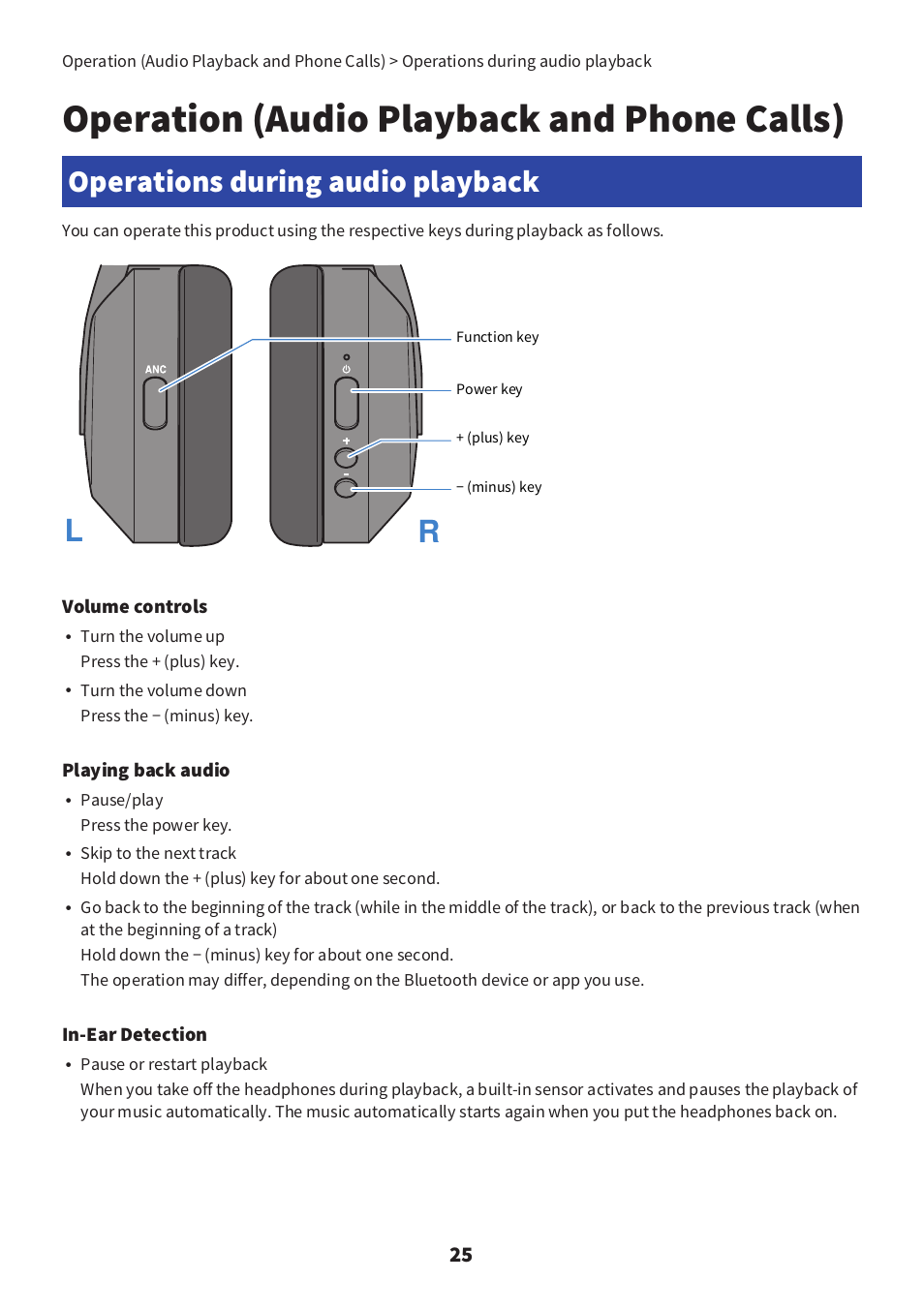 Operation (audio playback and phone calls), Operations during audio playback, Operations during audio playback” (p.25) | Yamaha YH-E700B Wireless Noise-Cancelling Over-Ear Bluetooth Headphones (Black) User Manual | Page 25 / 55