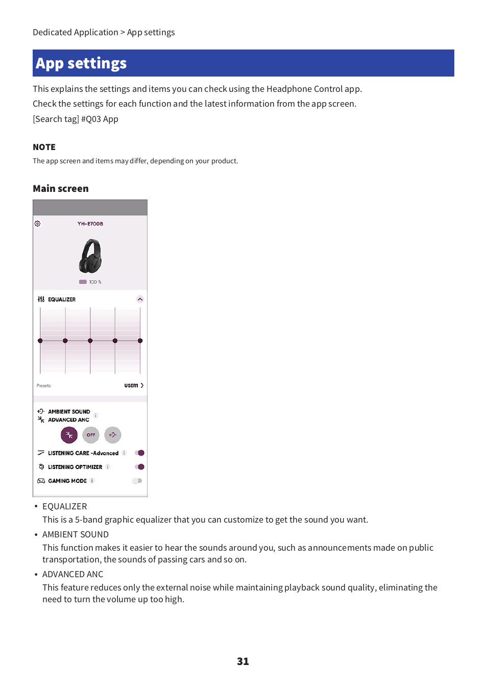 App settings, App settings” (p.31) | Yamaha YH-E700B Wireless Noise-Cancelling Over-Ear Bluetooth Headphones (Black) User Manual | Page 31 / 55