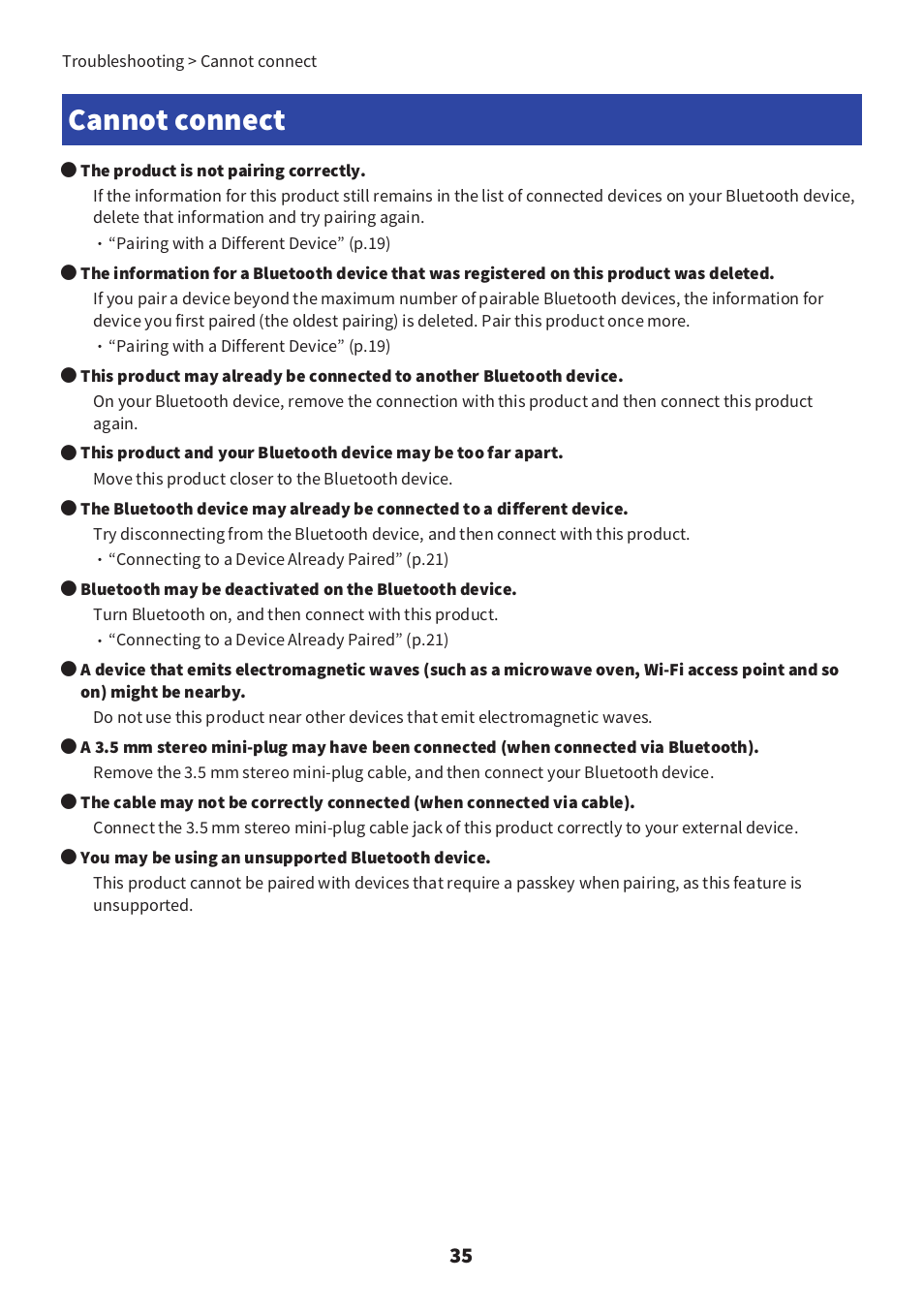 Cannot connect, Cannot connect” (p.35) | Yamaha YH-E700B Wireless Noise-Cancelling Over-Ear Bluetooth Headphones (Black) User Manual | Page 35 / 55