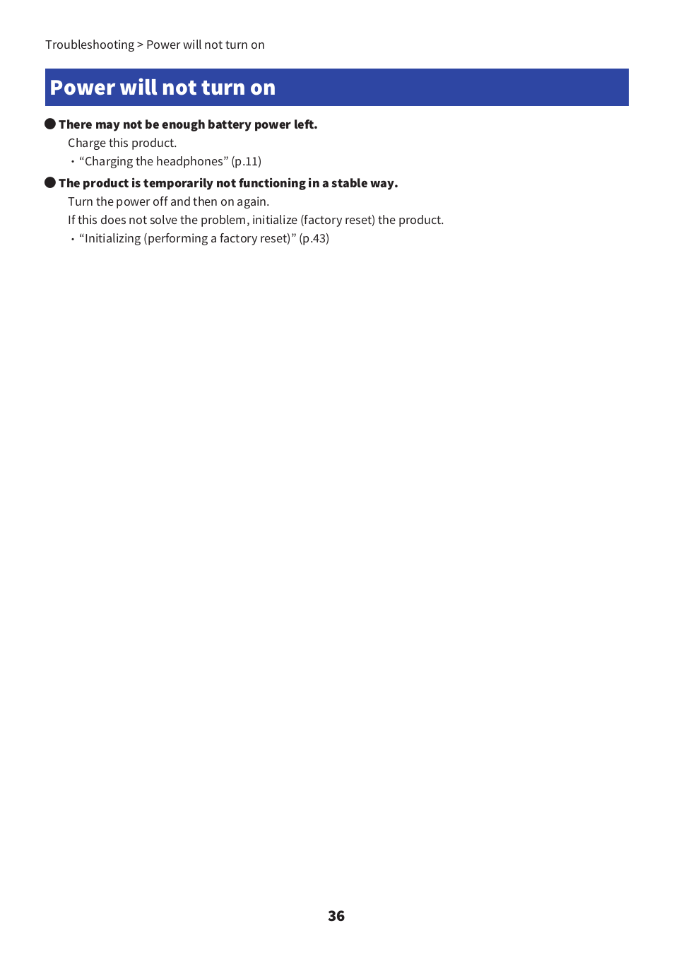 Power will not turn on, Power will not turn on” (p.36) | Yamaha YH-E700B Wireless Noise-Cancelling Over-Ear Bluetooth Headphones (Black) User Manual | Page 36 / 55