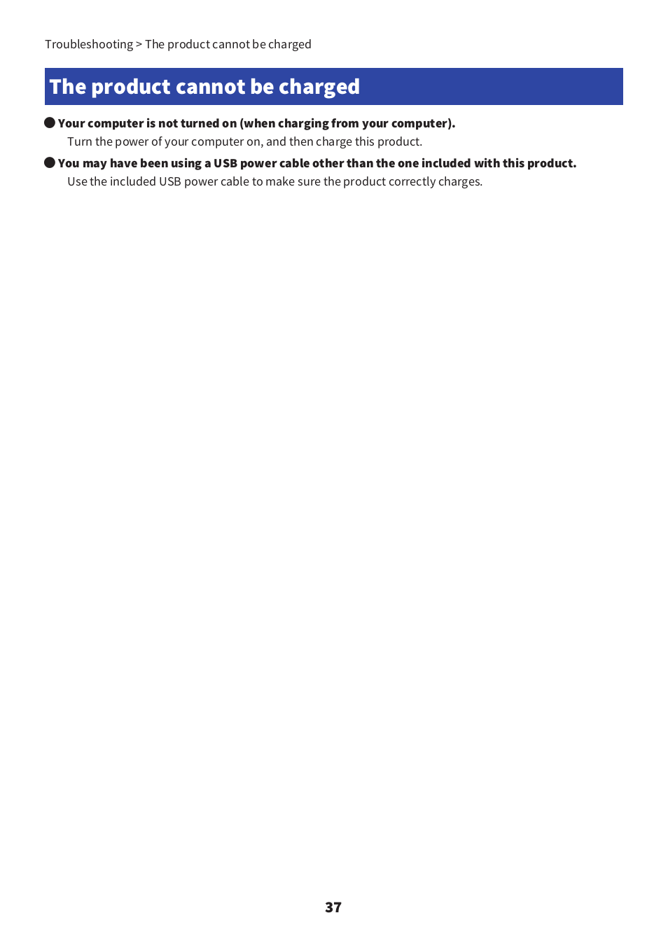 The product cannot be charged, The product cannot be charged” (p.37) | Yamaha YH-E700B Wireless Noise-Cancelling Over-Ear Bluetooth Headphones (Black) User Manual | Page 37 / 55