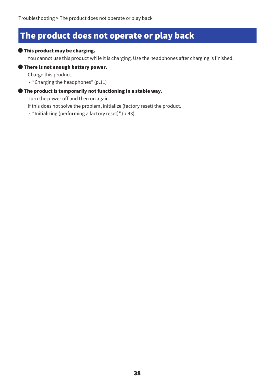 The product does not operate or play back, The product does not operate or play back” (p.38) | Yamaha YH-E700B Wireless Noise-Cancelling Over-Ear Bluetooth Headphones (Black) User Manual | Page 38 / 55