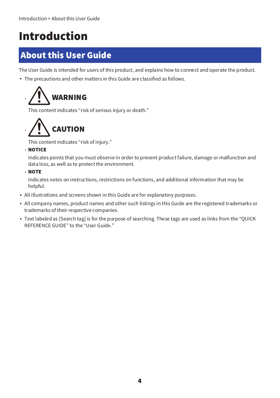 Introduction, About this user guide, Warning | Caution | Yamaha YH-E700B Wireless Noise-Cancelling Over-Ear Bluetooth Headphones (Black) User Manual | Page 4 / 55