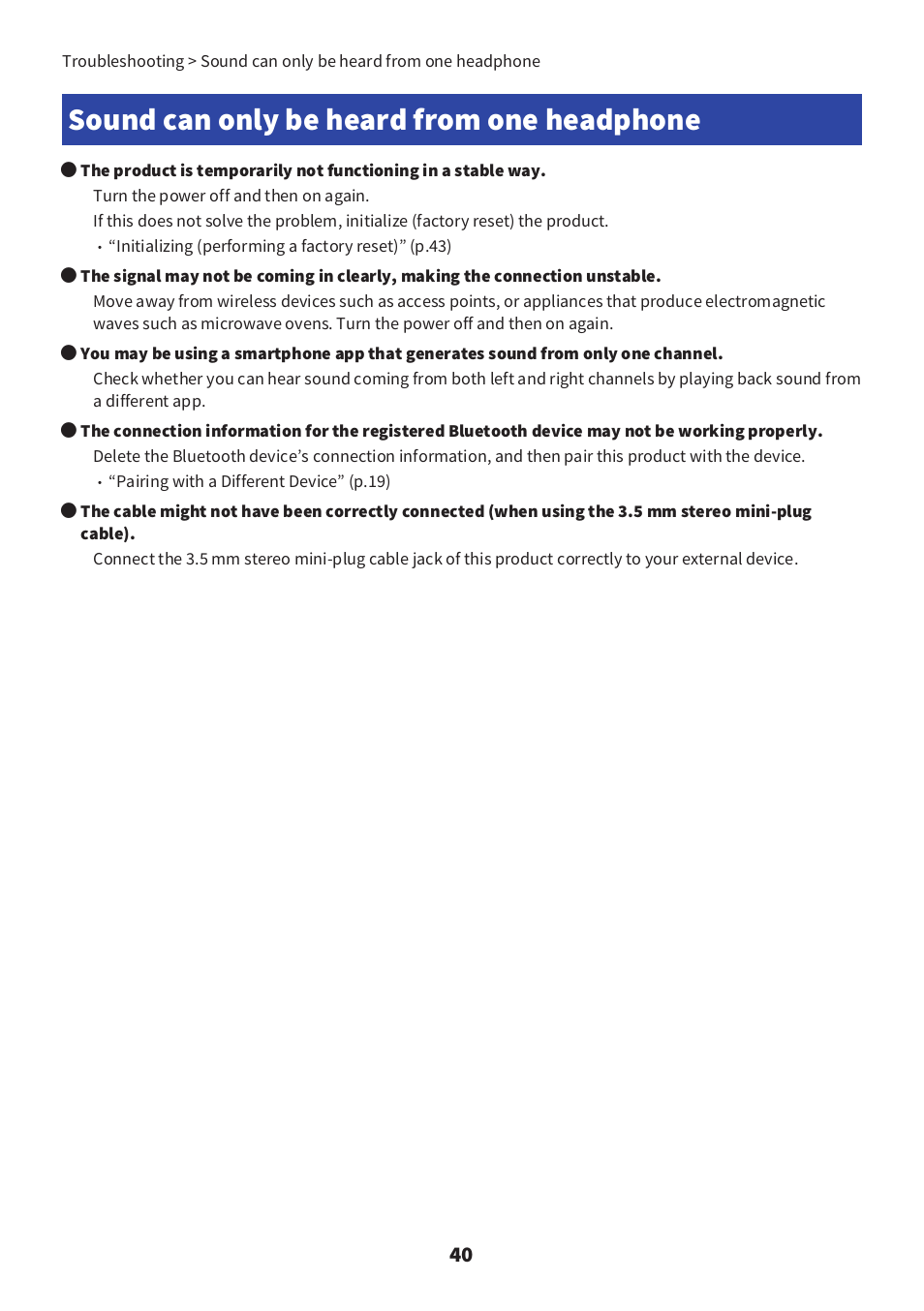 Sound can only be heard from one headphone, Sound can only be heard from one headphone” (p.40) | Yamaha YH-E700B Wireless Noise-Cancelling Over-Ear Bluetooth Headphones (Black) User Manual | Page 40 / 55