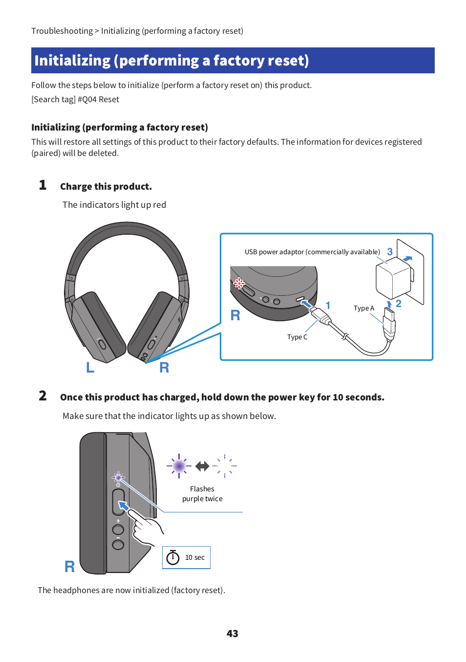 Initializing (performing a factory reset), Initializing (performing a factory reset)” (p.43) | Yamaha YH-E700B Wireless Noise-Cancelling Over-Ear Bluetooth Headphones (Black) User Manual | Page 43 / 55