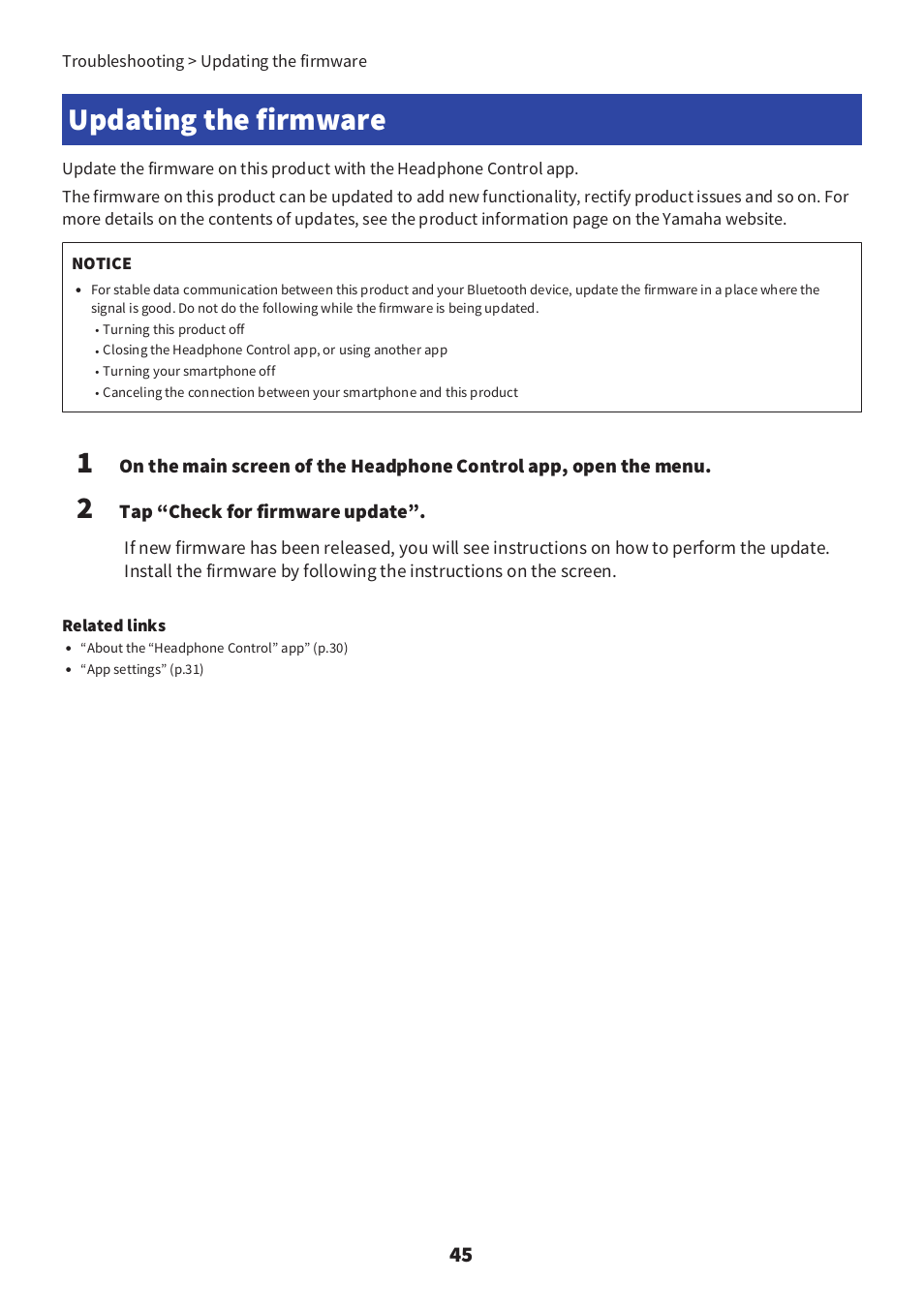 Updating the firmware, Updating the firmware” (p.45), Tap “check for firmware update | Yamaha YH-E700B Wireless Noise-Cancelling Over-Ear Bluetooth Headphones (Black) User Manual | Page 45 / 55