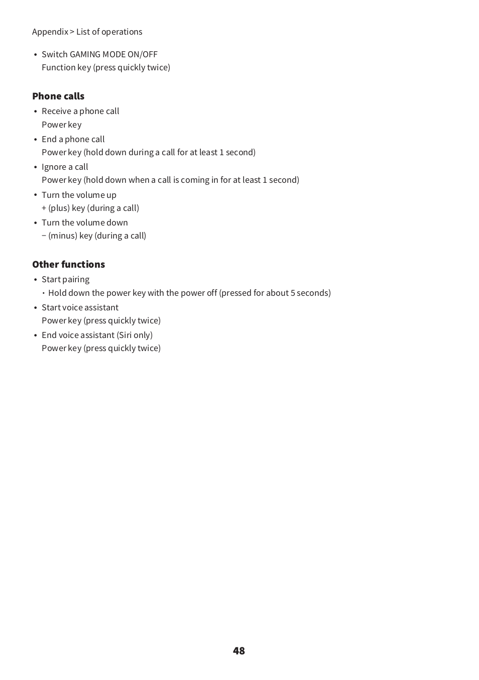 Phone calls, Other functions, Receive a phone call power key | Turn the volume up + (plus) key (during a call), Turn the volume down − (minus) key (during a call), Start pairing, Appendix > list of operations | Yamaha YH-E700B Wireless Noise-Cancelling Over-Ear Bluetooth Headphones (Black) User Manual | Page 48 / 55