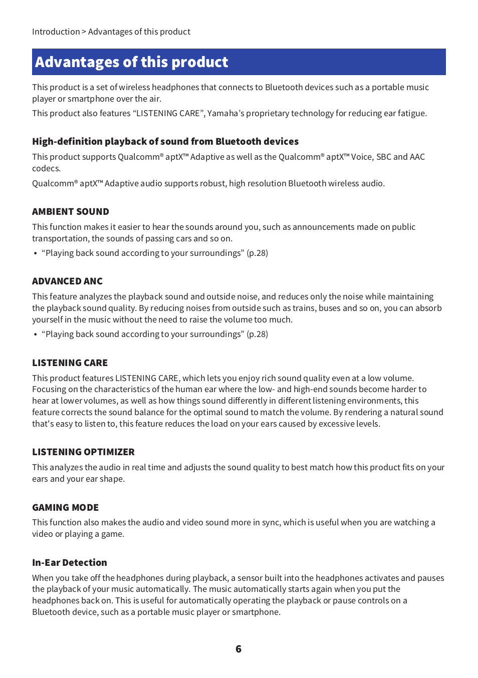 Advantages of this product | Yamaha YH-E700B Wireless Noise-Cancelling Over-Ear Bluetooth Headphones (Black) User Manual | Page 6 / 55