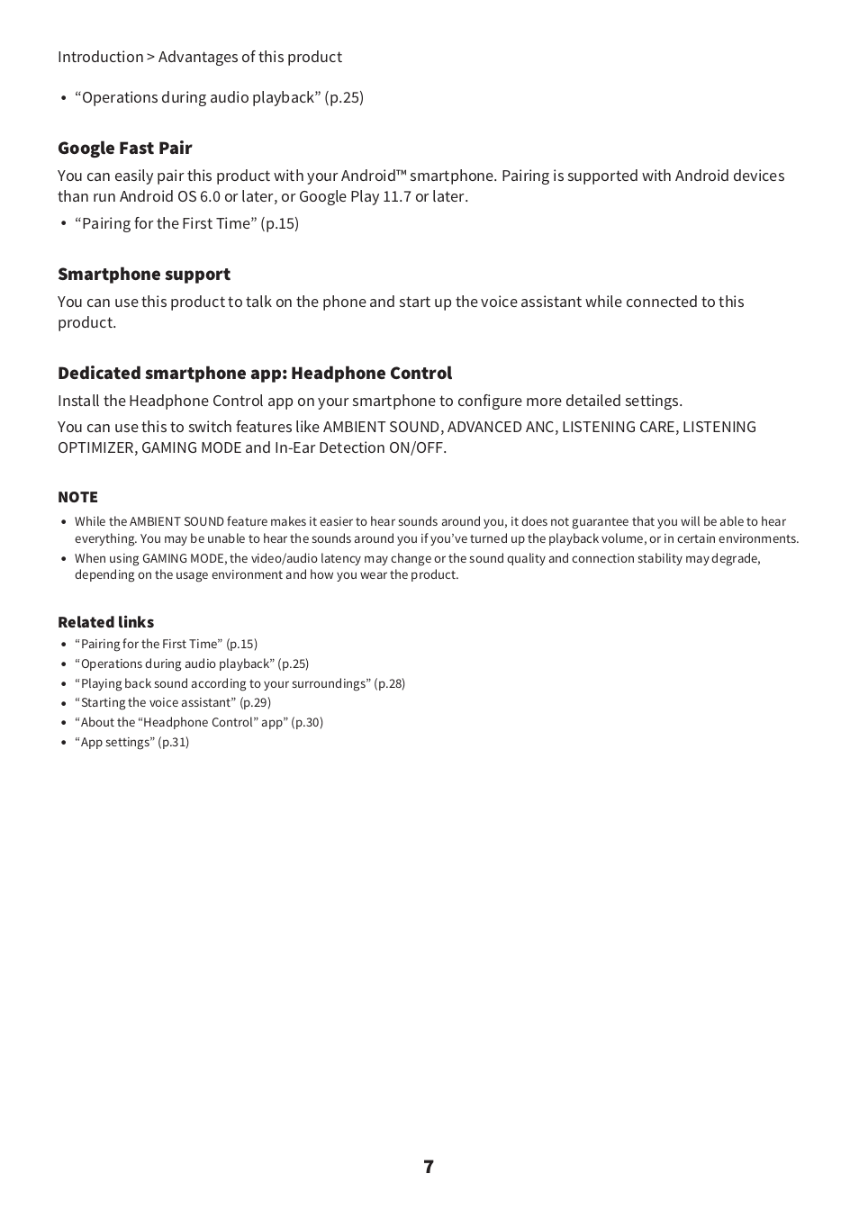 Google fast pair, Smartphone support, Dedicated smartphone app: headphone control | Operations during audio playback” (p.25), Pairing for the first time” (p.15), Related links, Introduction > advantages of this product | Yamaha YH-E700B Wireless Noise-Cancelling Over-Ear Bluetooth Headphones (Black) User Manual | Page 7 / 55