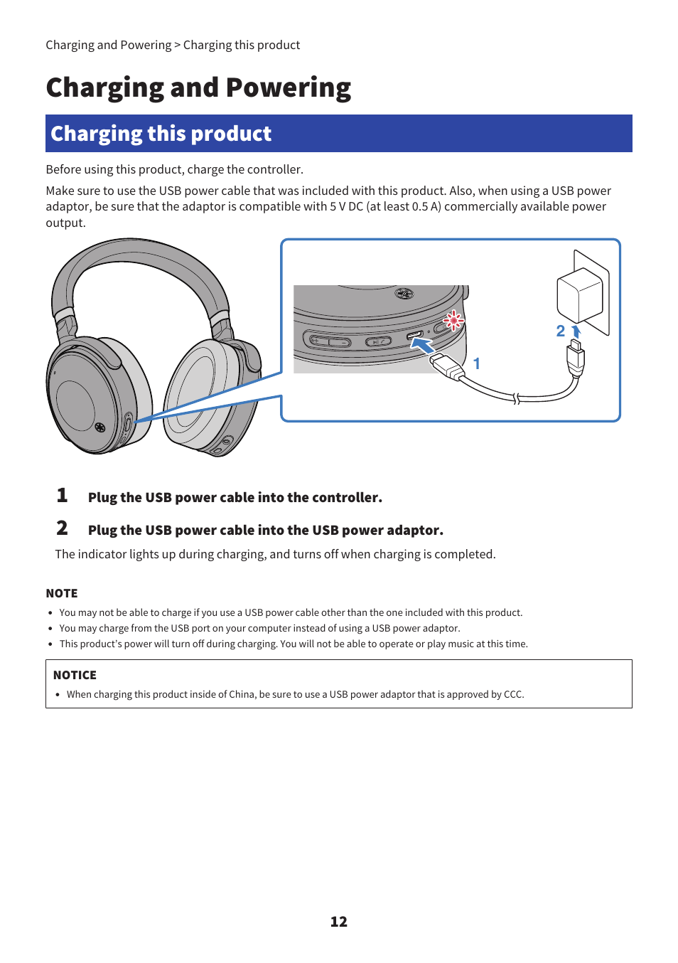 Charging and powering, Charging this product | Yamaha YH-L700A Noise-Canceling Wireless Over-Ear Headphones User Manual | Page 12 / 47