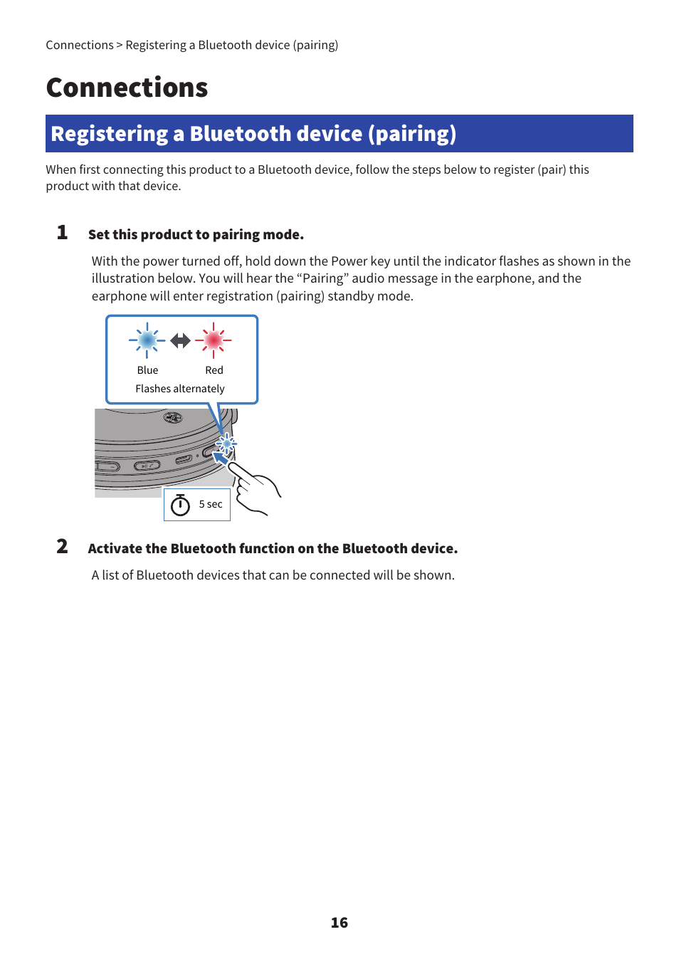 Connections, Registering a bluetooth device (pairing) | Yamaha YH-L700A Noise-Canceling Wireless Over-Ear Headphones User Manual | Page 16 / 47