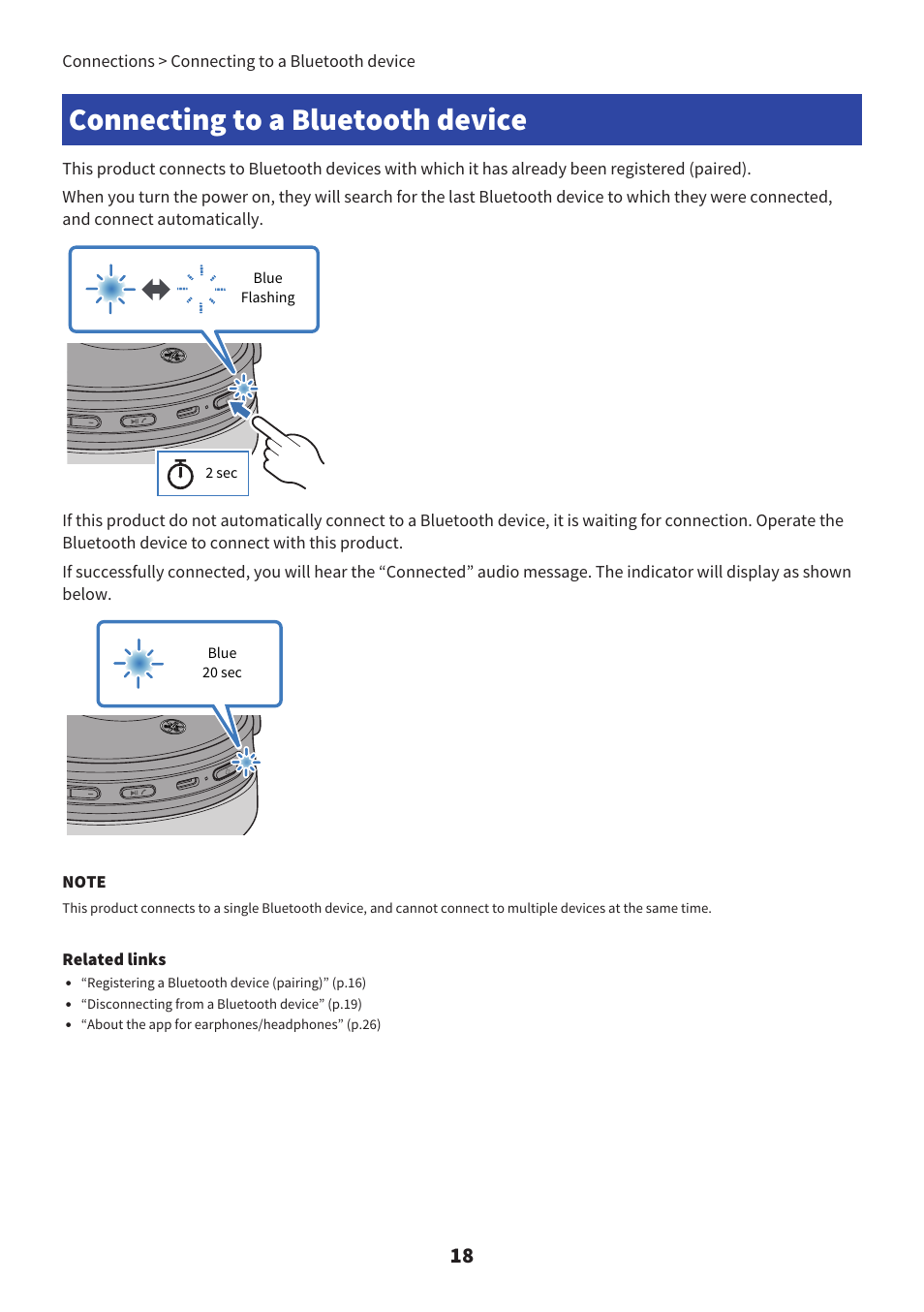 Connecting to a bluetooth device | Yamaha YH-L700A Noise-Canceling Wireless Over-Ear Headphones User Manual | Page 18 / 47