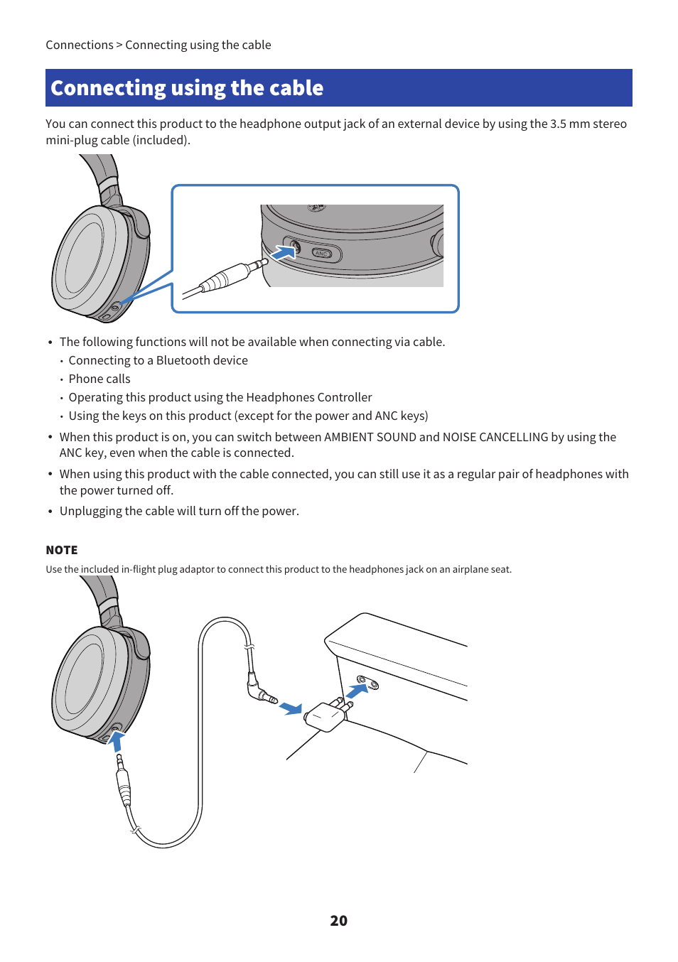 Connecting using the cable, Connecting to a bluetooth device, Phone calls | Connections > connecting using the cable | Yamaha YH-L700A Noise-Canceling Wireless Over-Ear Headphones User Manual | Page 20 / 47