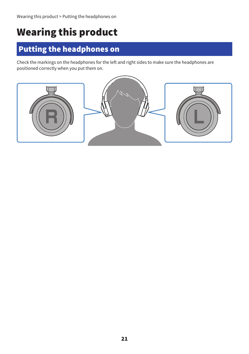 Wearing this product, Putting the headphones on | Yamaha YH-L700A Noise-Canceling Wireless Over-Ear Headphones User Manual | Page 21 / 47